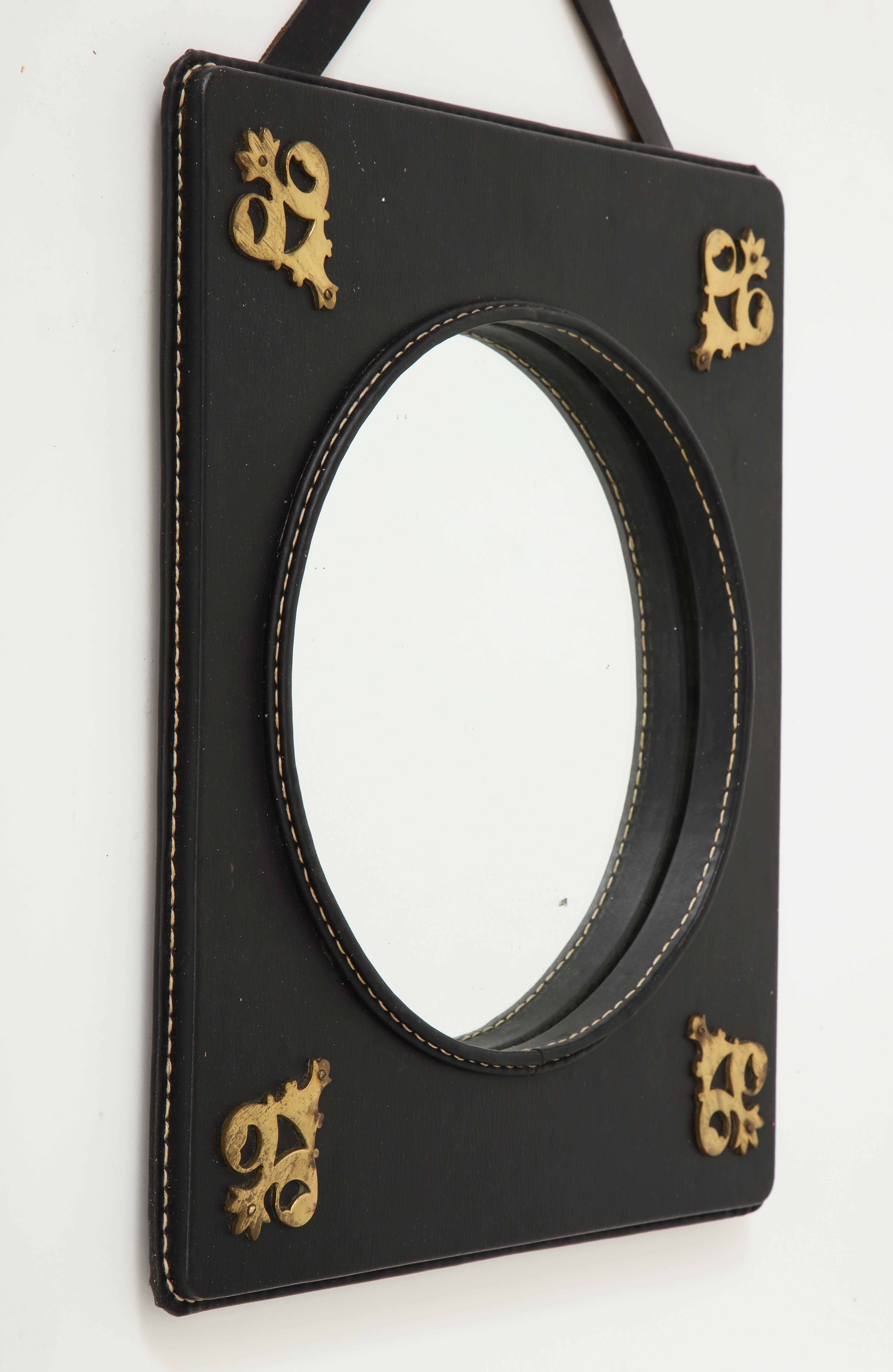 Stitched Leather Mirror by Jacques Adnet For Sale 6