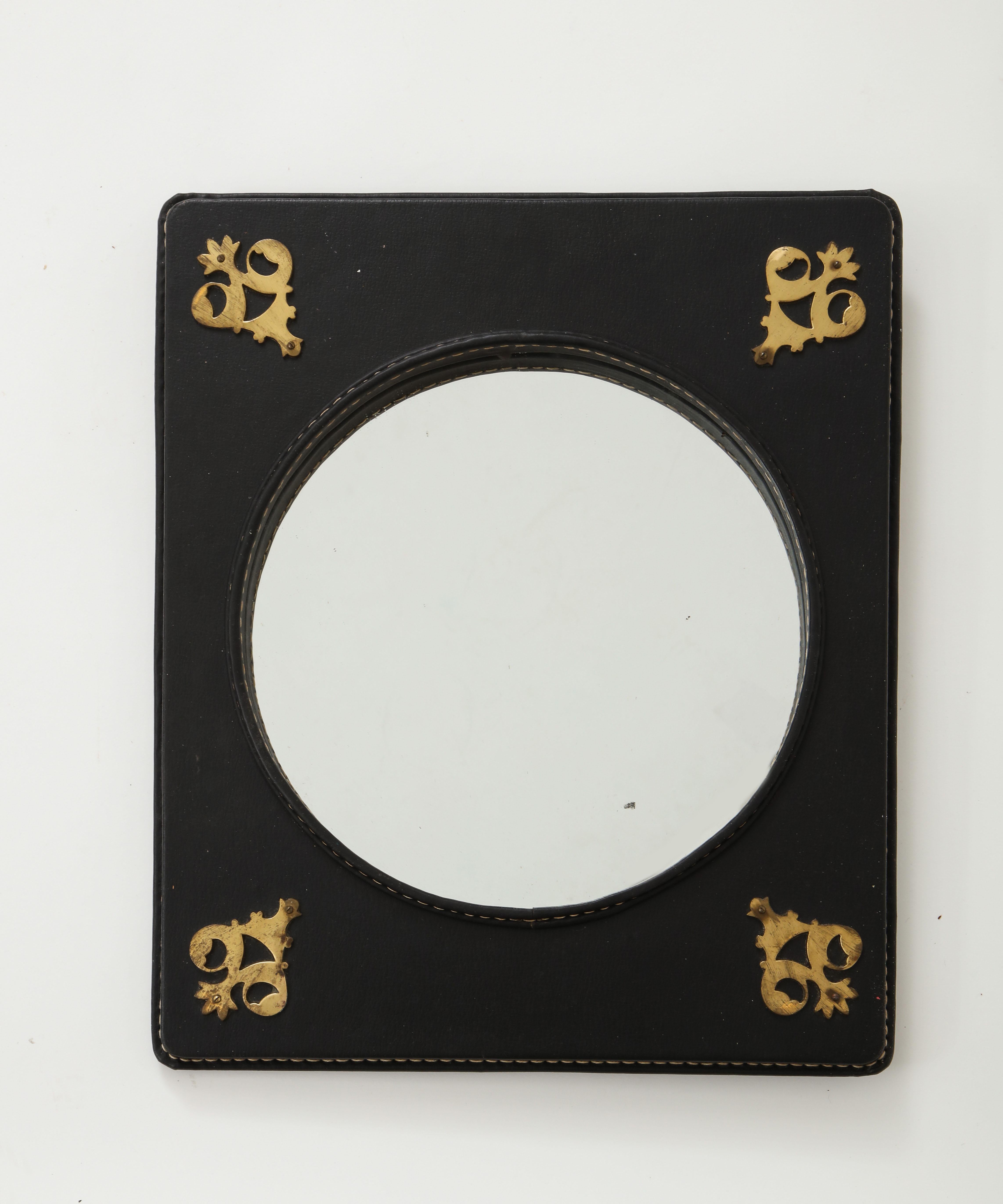 Stitched Leather Mirror by Jacques Adnet For Sale 7