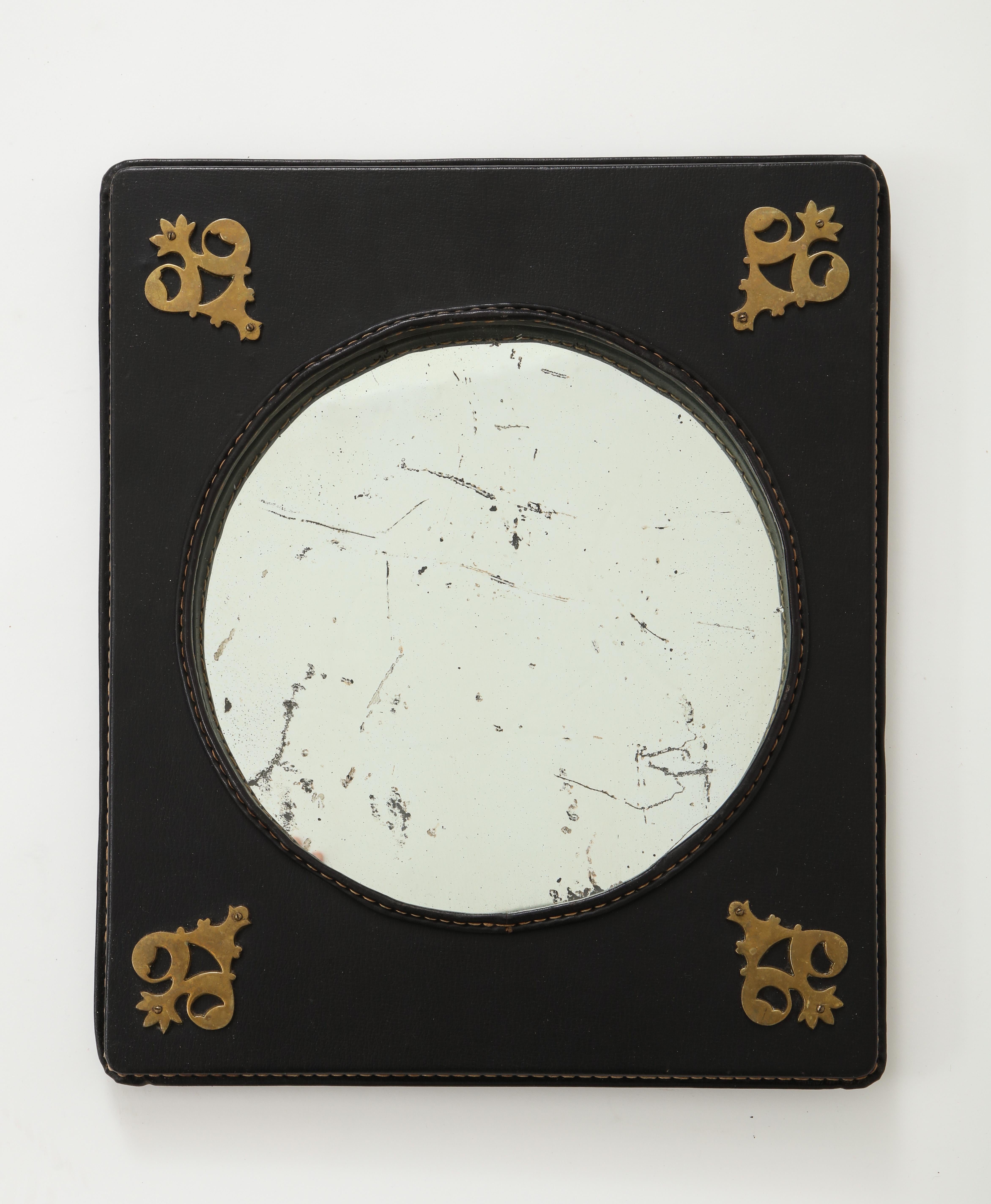 Brass Stitched Leather Mirror by Jacques Adnet For Sale