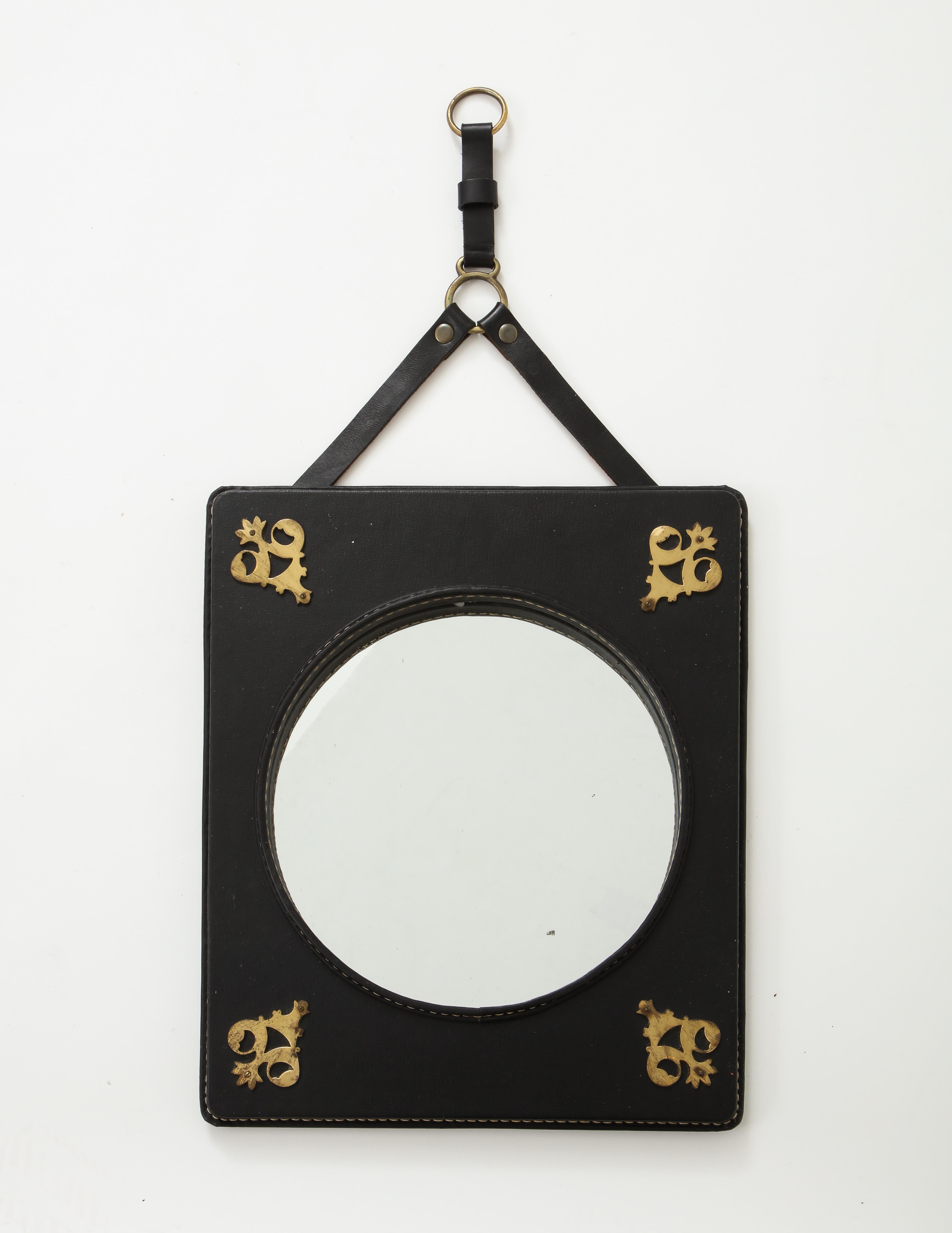 Stitched Leather Mirror by Jacques Adnet For Sale 2