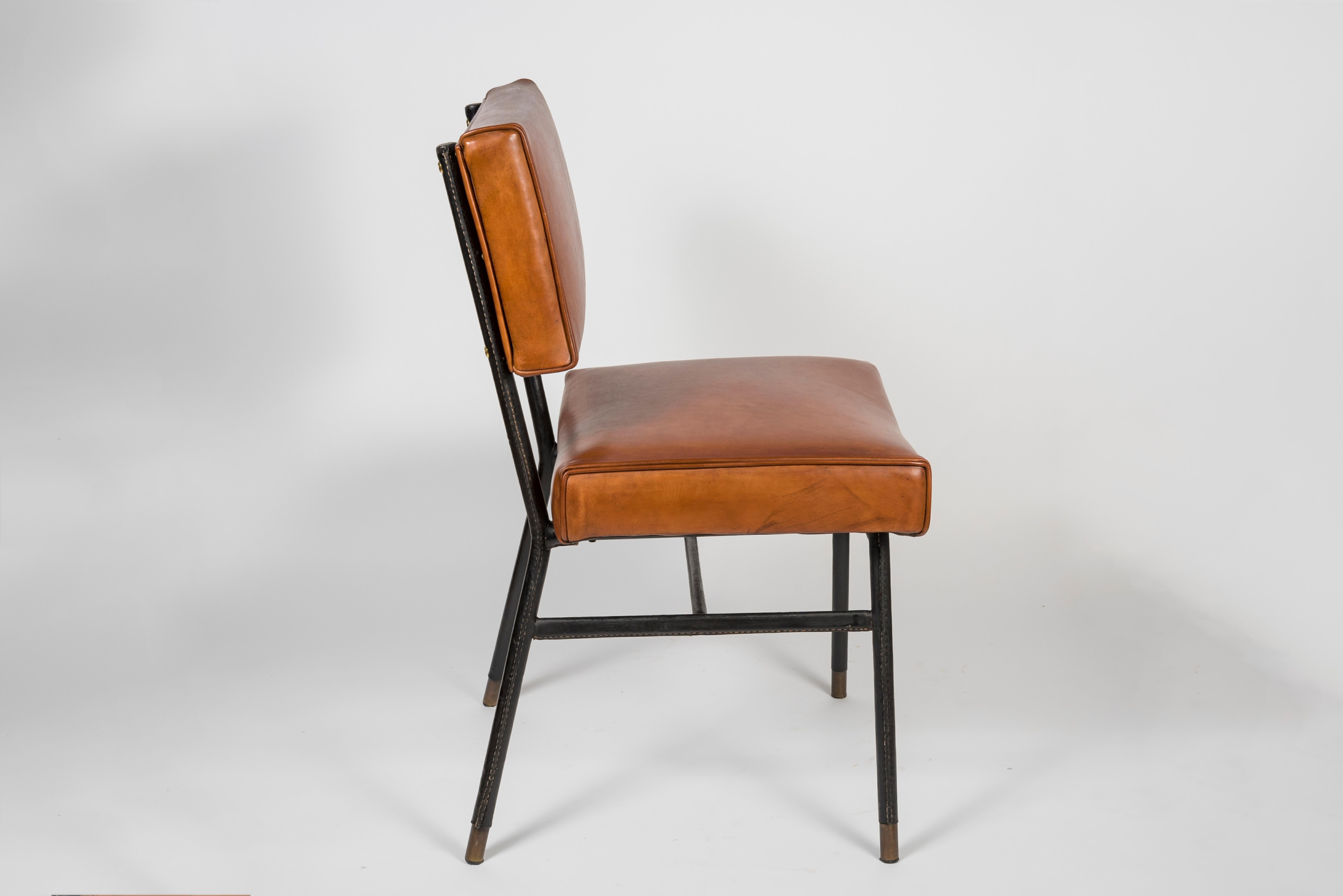 Stitched Leather Pair of Chairs by Jacques Adnet In Good Condition For Sale In Bois-Colombes, FR