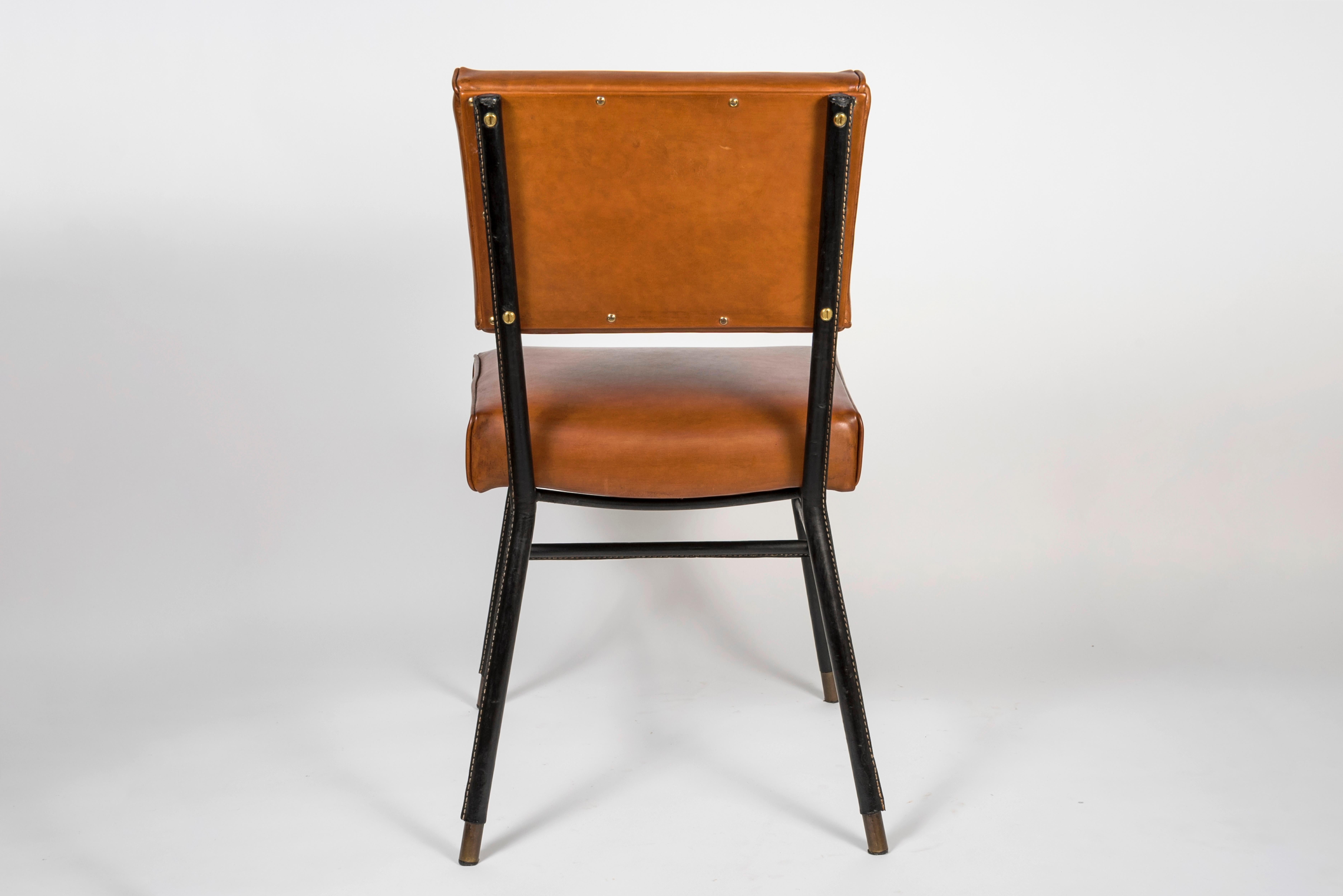 Mid-20th Century Stitched Leather Pair of Chairs by Jacques Adnet For Sale