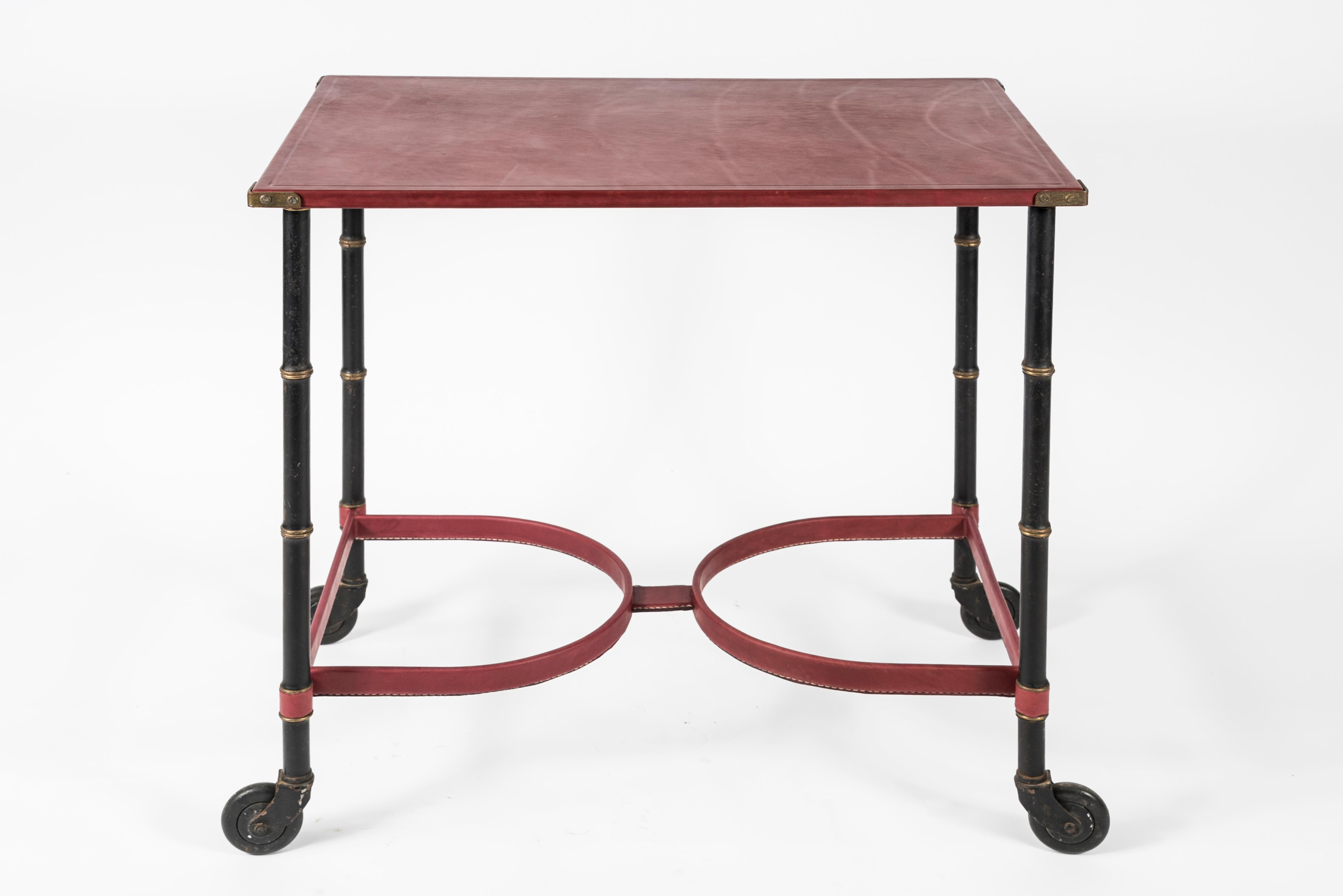 Metal Stitched Leather Table by Jacques Adnet