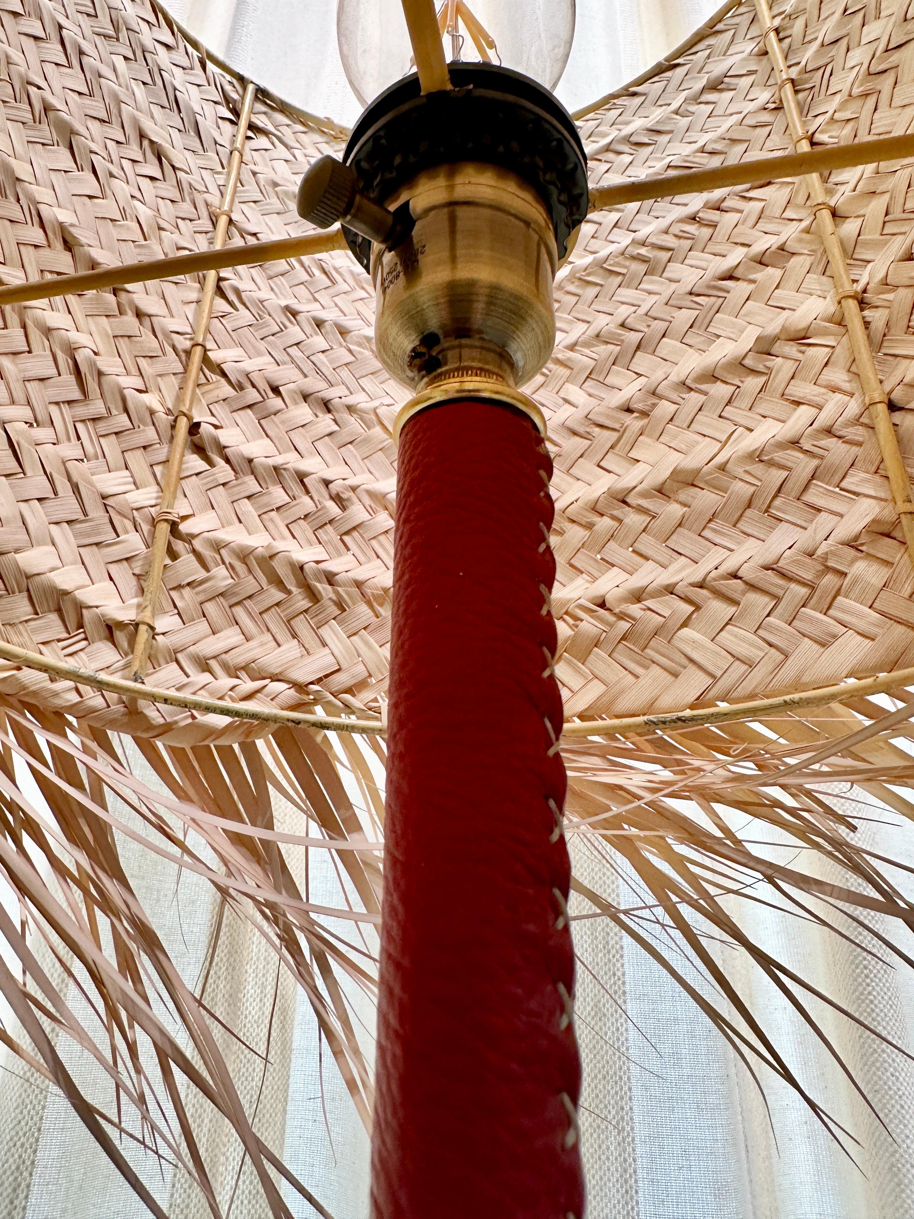 French Stitched Leather Tall Floor Lamp in the Style of Adnet For Sale