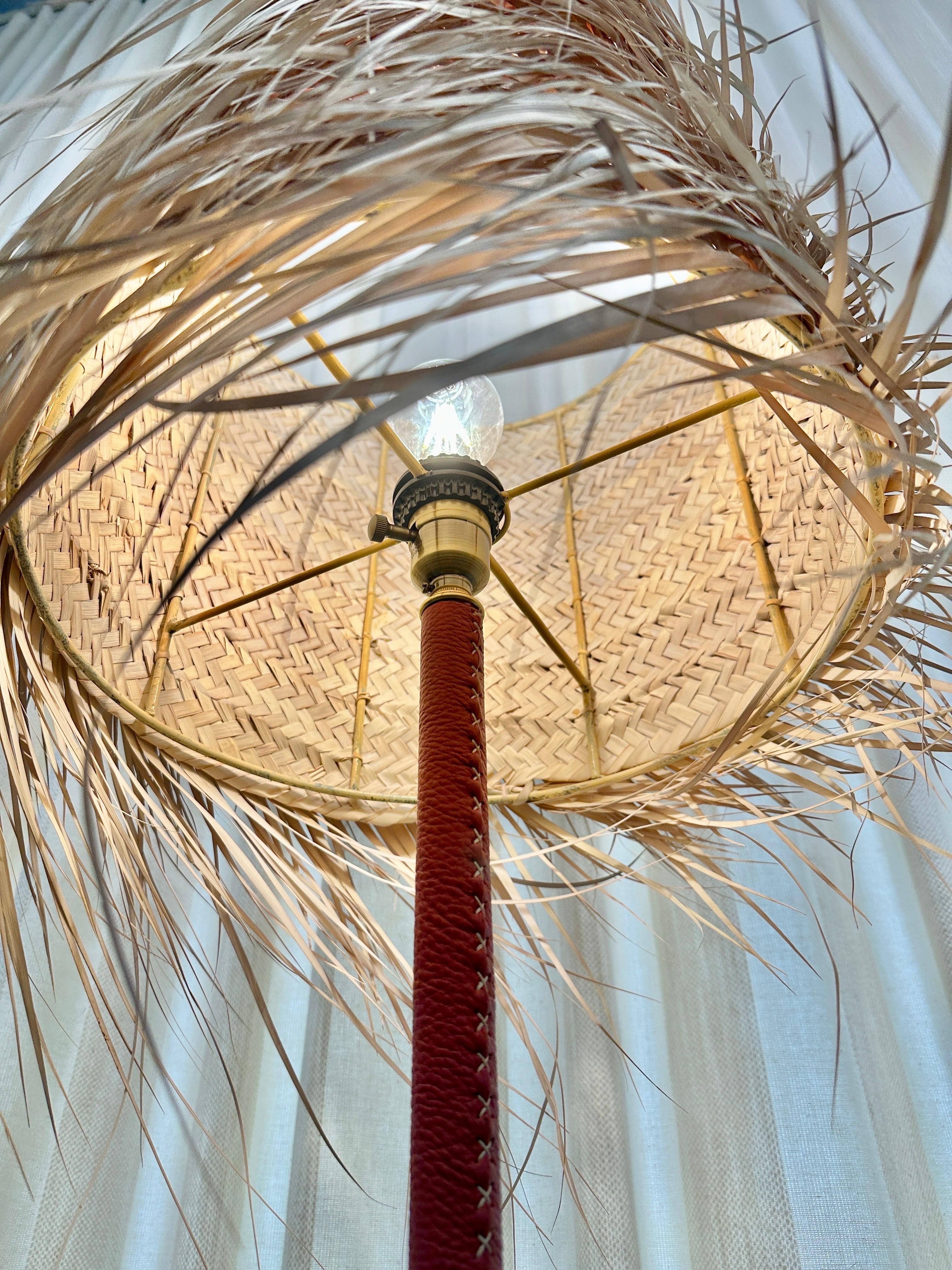 Late 20th Century Stitched Leather Tall Floor Lamp in the Style of Adnet For Sale
