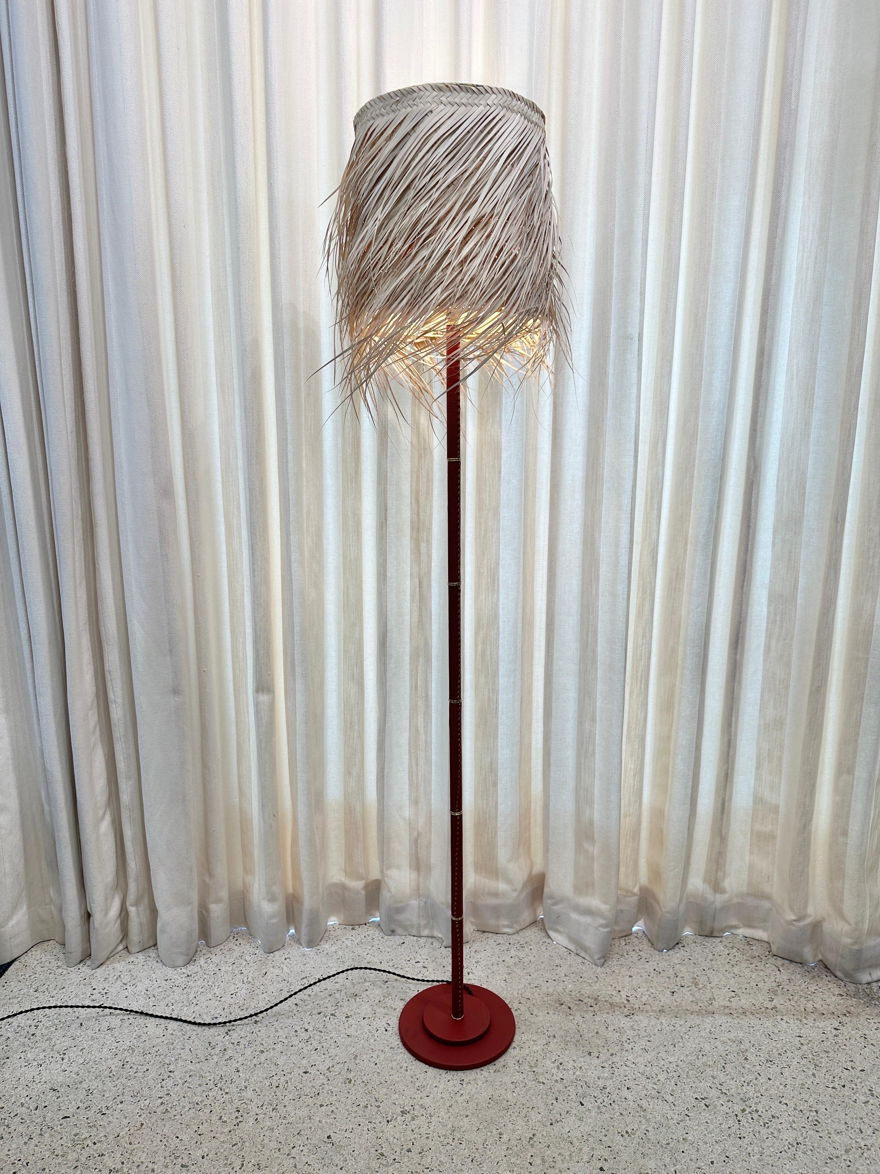 Stitched Leather Tall Floor Lamp in the Style of Adnet For Sale 1