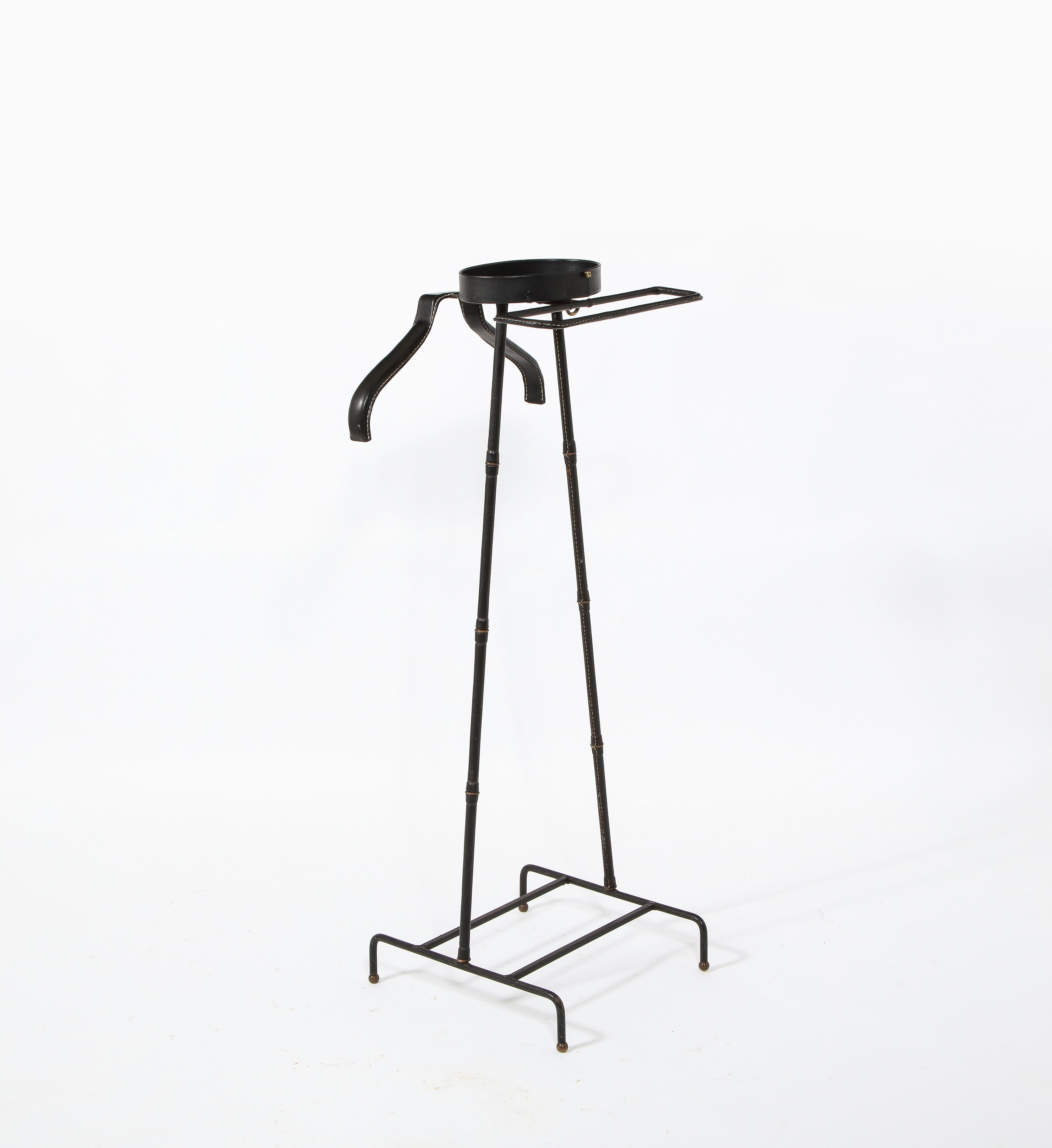 French Stitched Leather Valet Stand by Jacques Adnet, France 1960's