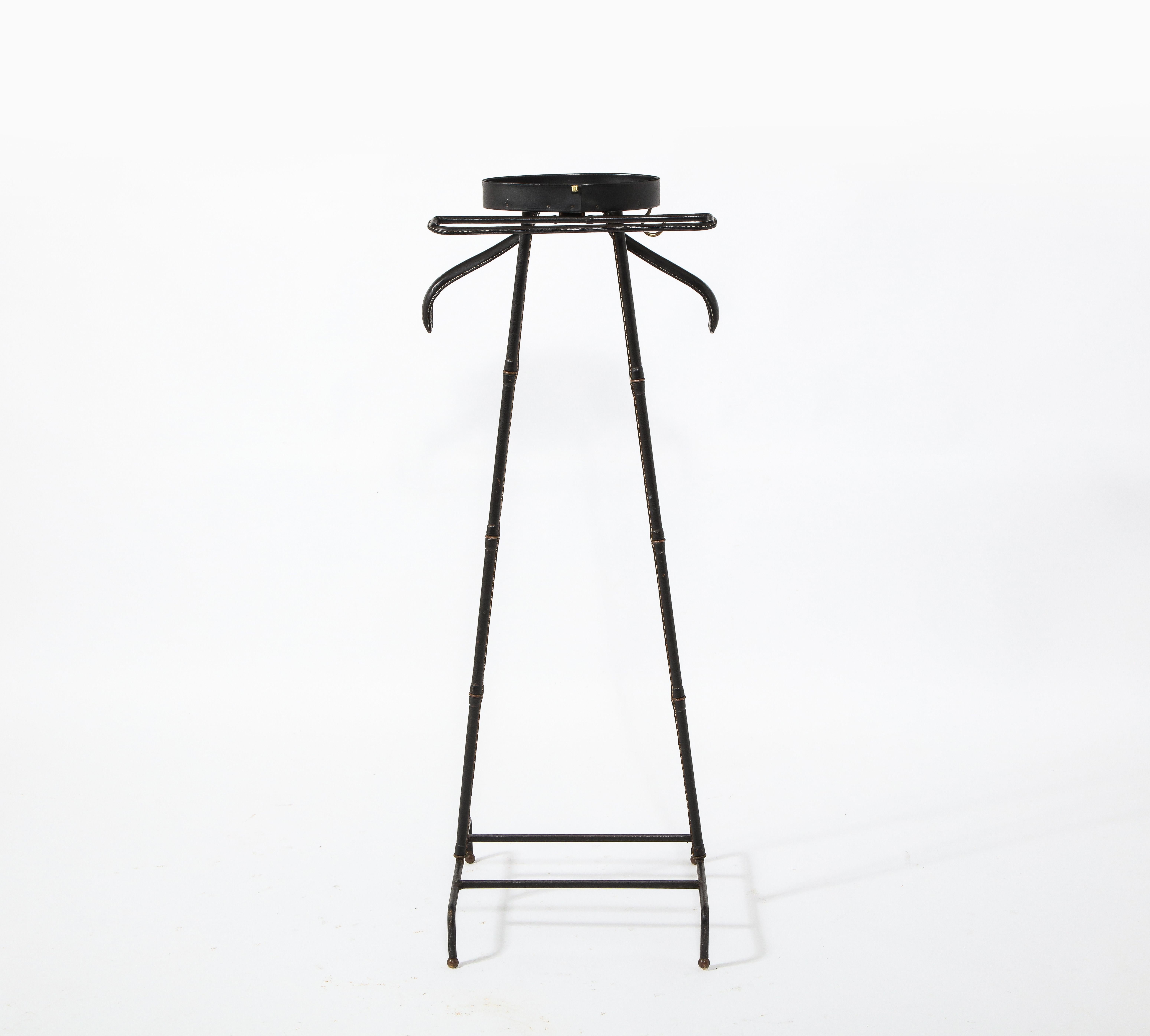 Stitched Leather Valet Stand by Jacques Adnet, France 1960's In Fair Condition In New York, NY