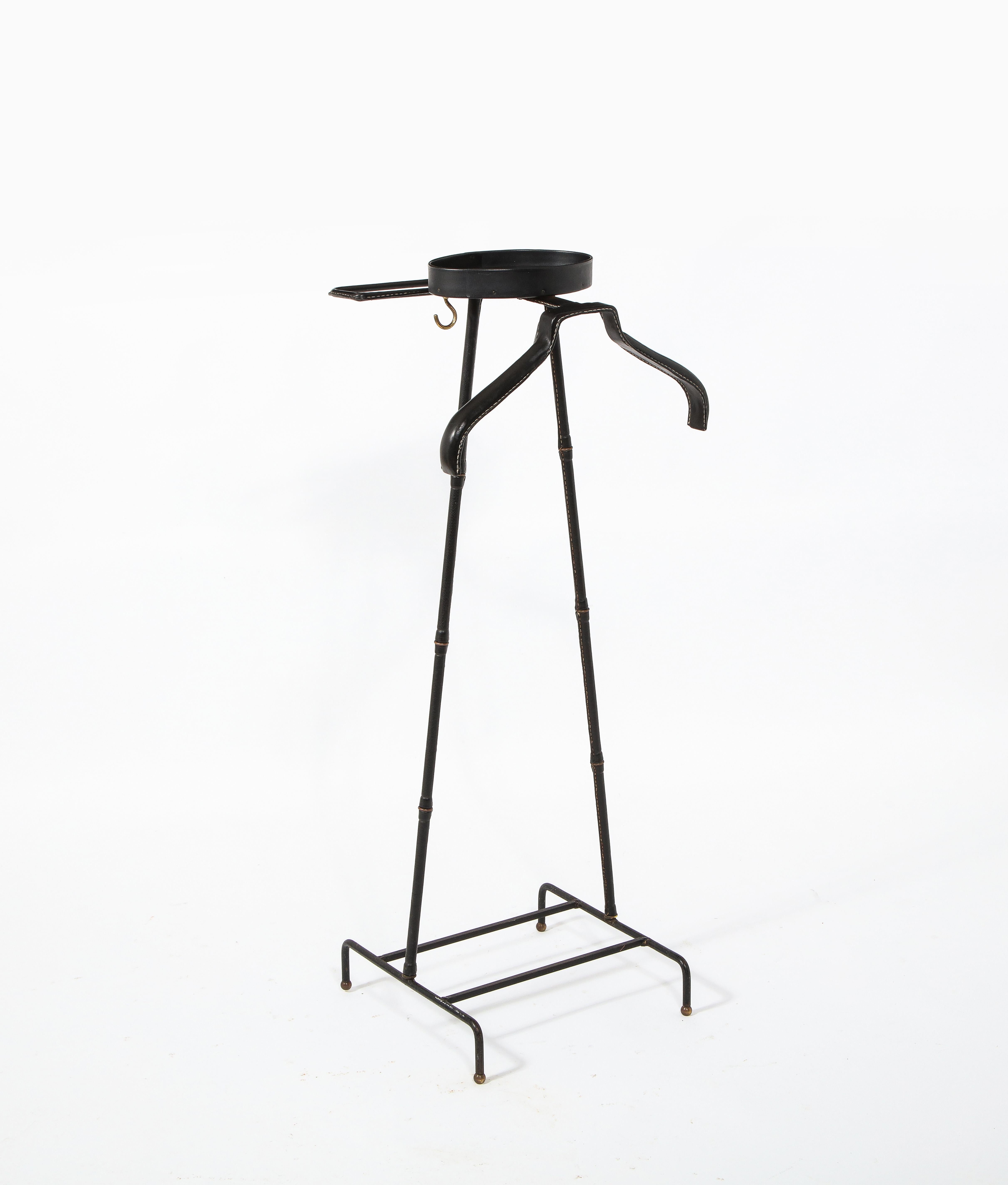 Brass Stitched Leather Valet Stand by Jacques Adnet, France 1960's