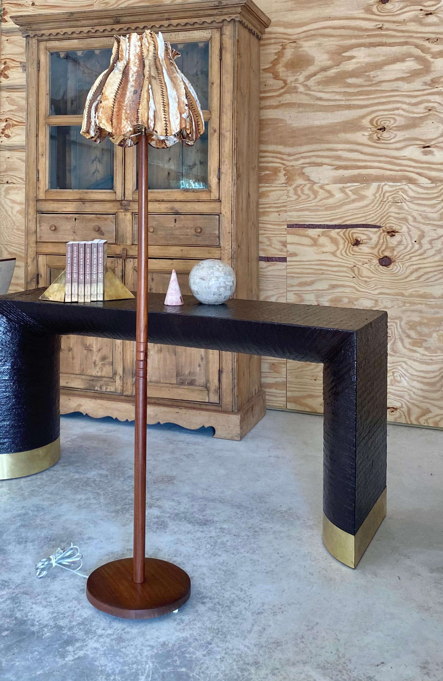 Stitched Rawhide Shade Teak Floor Lamp In Good Condition For Sale In Round Top, TX