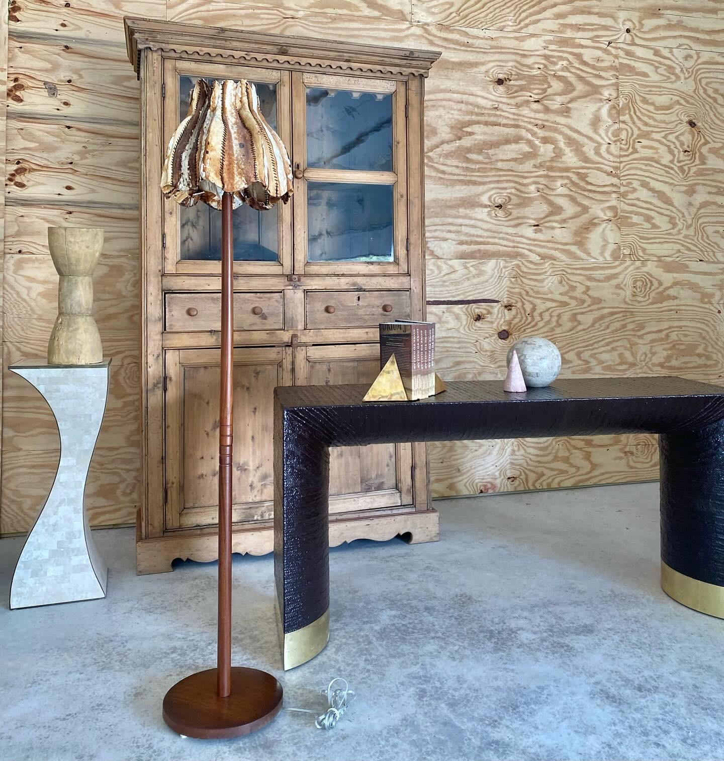 Metal Stitched Rawhide Shade Teak Floor Lamp For Sale