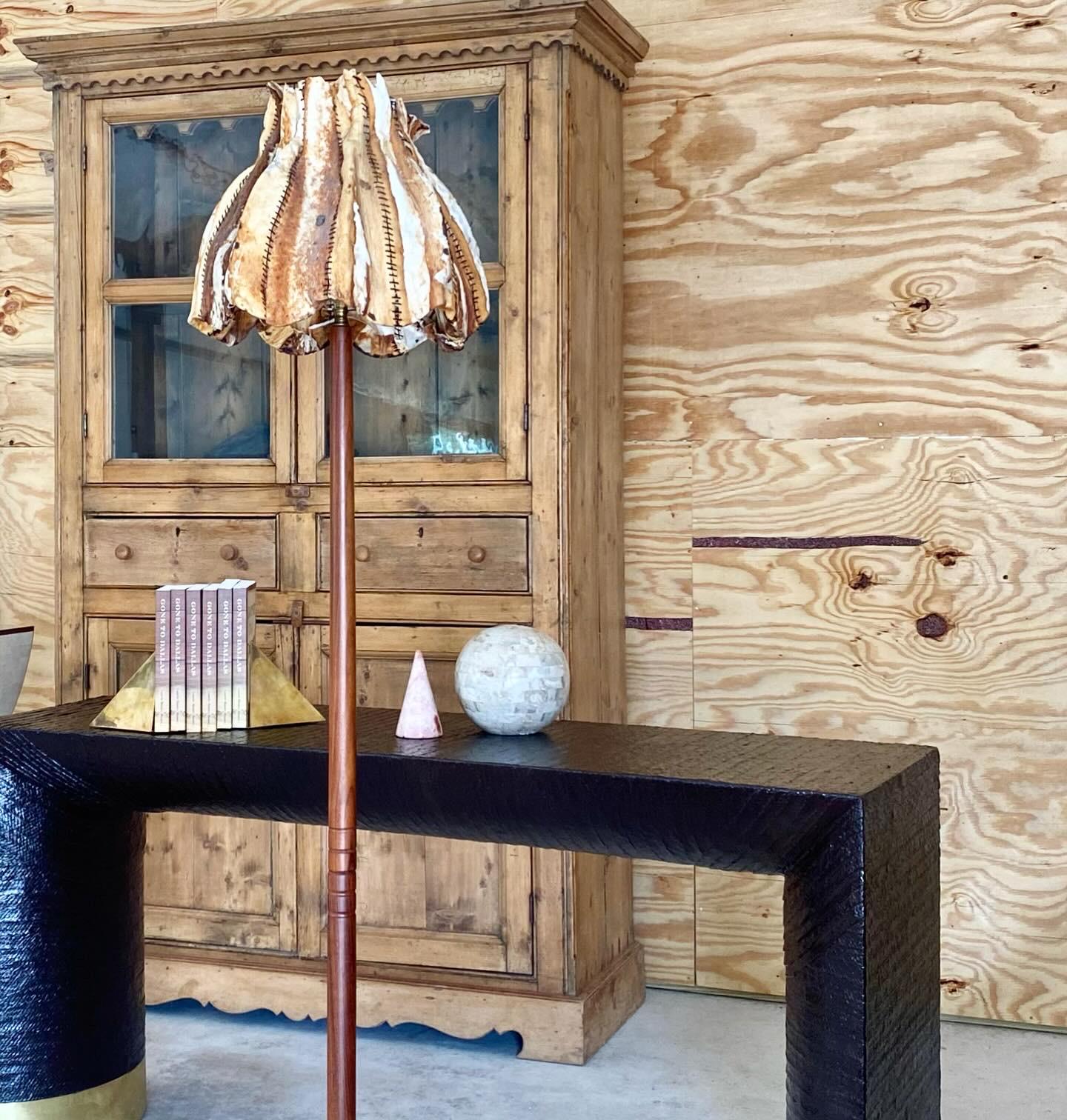 Stitched Rawhide Shade Teak Floor Lamp For Sale 1