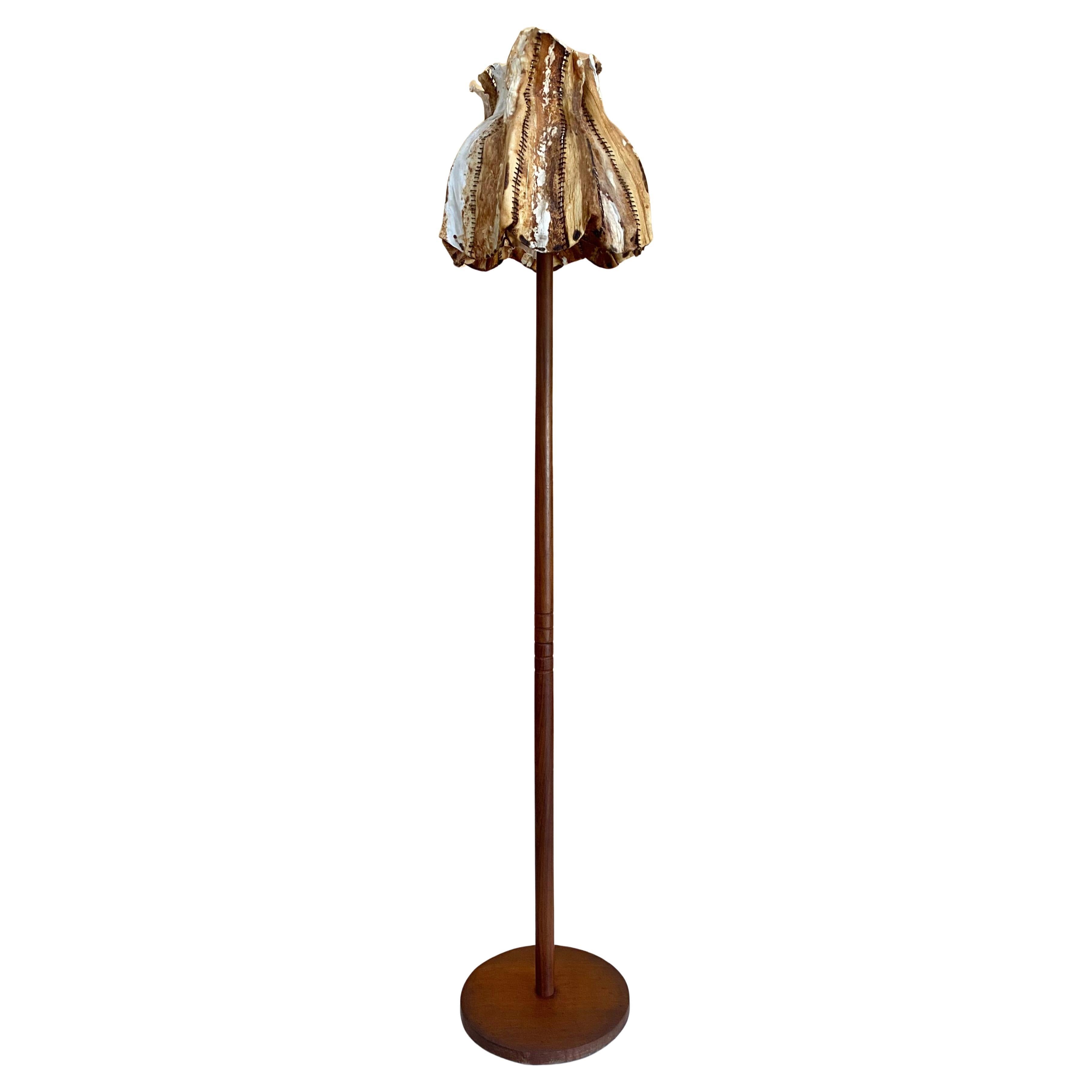 Stitched Rawhide Shade Teak Floor Lamp For Sale