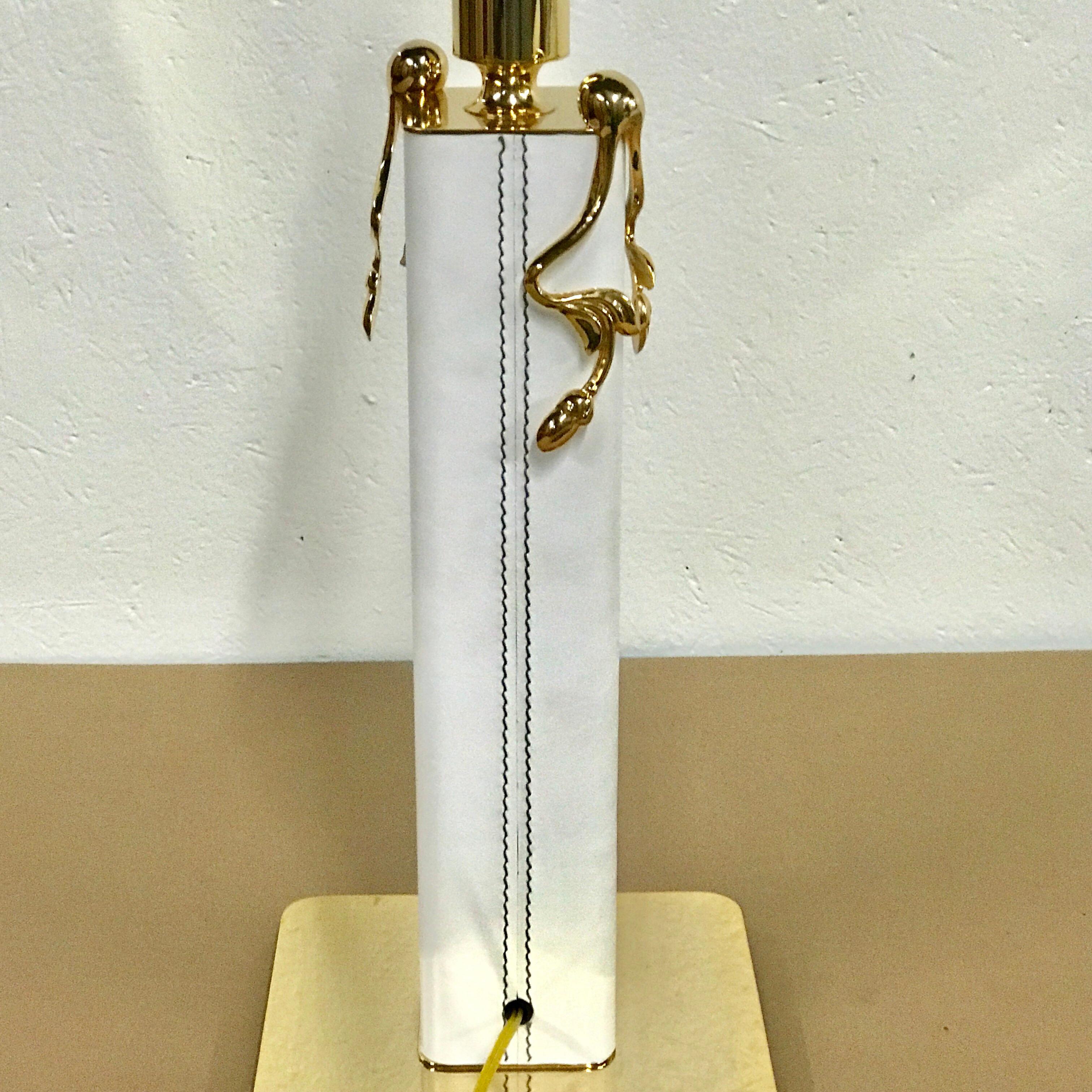 Mid-Century Modern Stitched White Leather and Gilt Brass Lamp For Sale