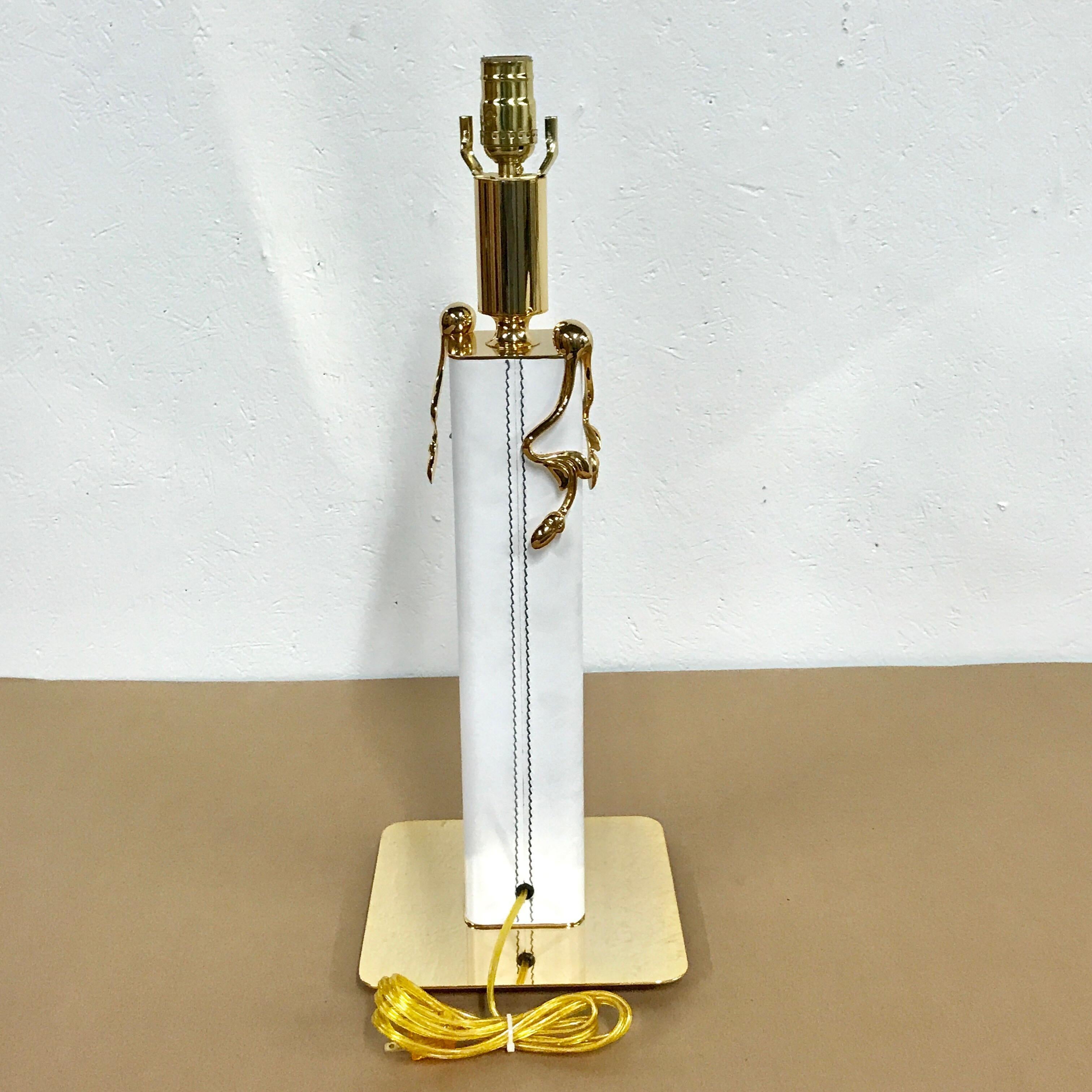 Italian Stitched White Leather and Gilt Brass Lamp For Sale