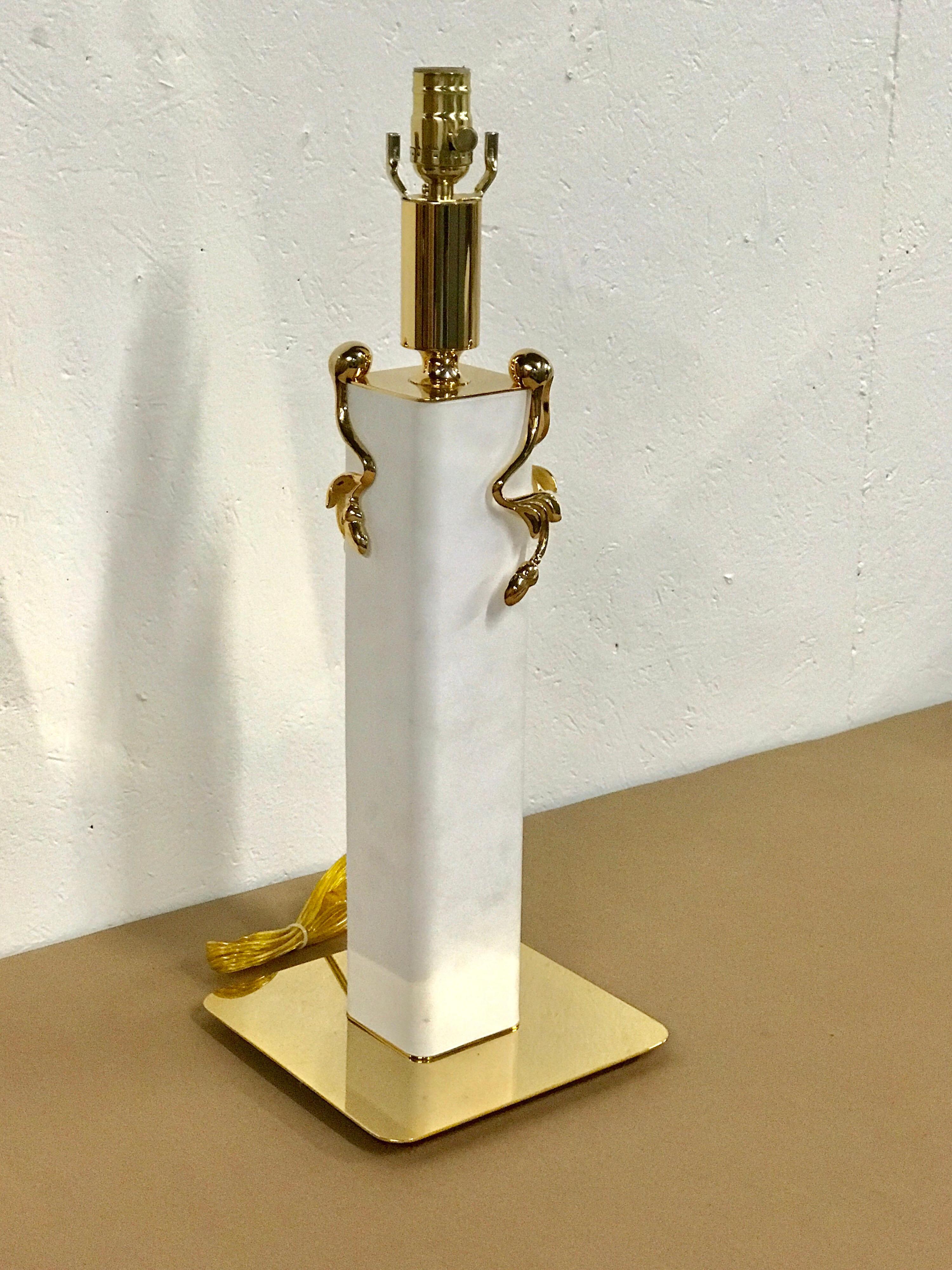 Stitched White Leather and Gilt Brass Lamp In Good Condition For Sale In West Palm Beach, FL