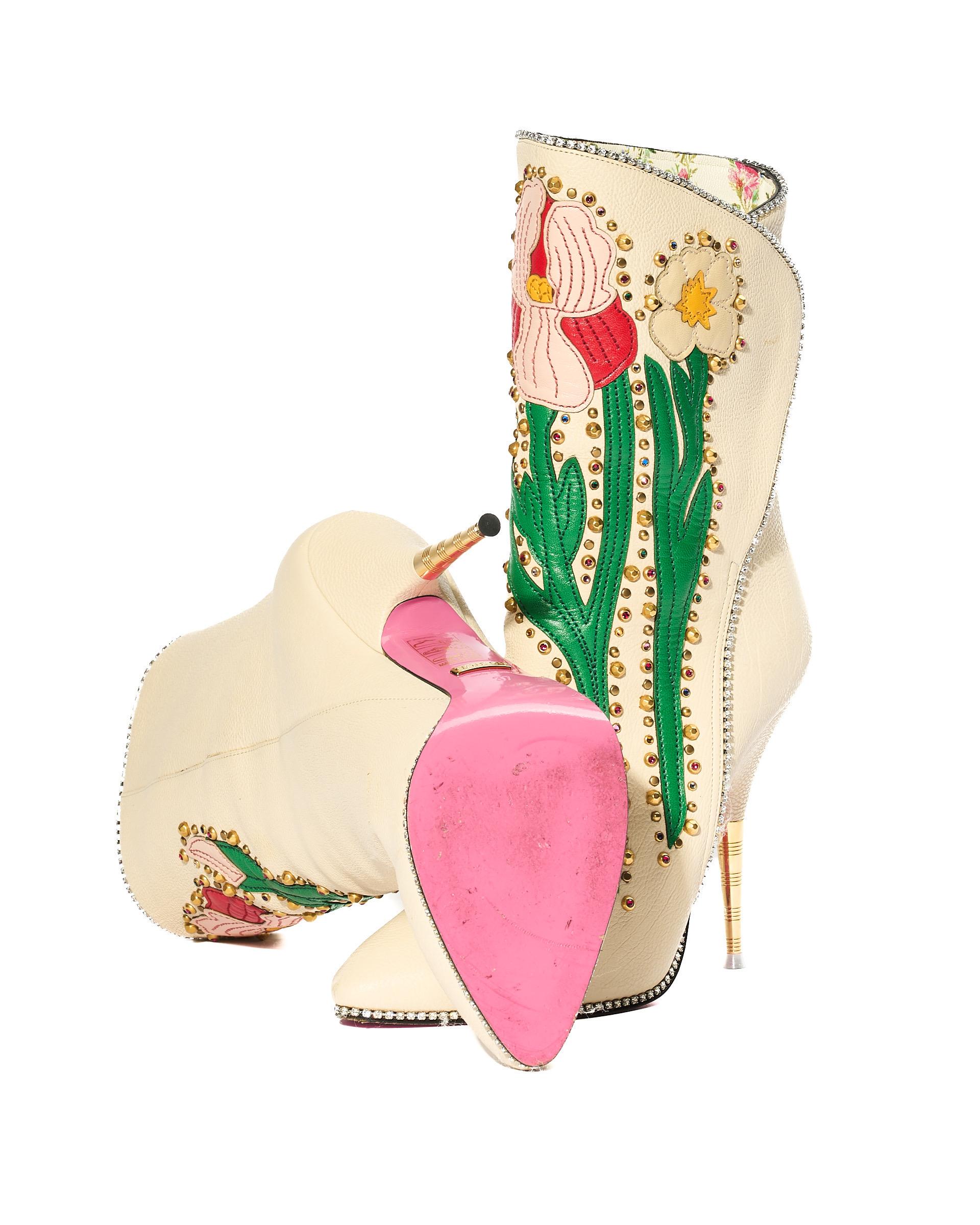 Stivali Gucci Fosca Floral Pelle Beige mit Blumenmuster im Zustand „Gut“ im Angebot in Torre Del Greco, IT