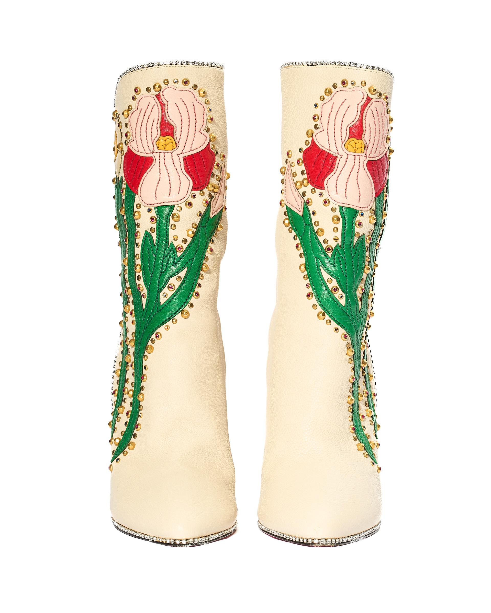 Stivali Gucci Fosca Floral Pelle Beige mit Blumenmuster Damen im Angebot