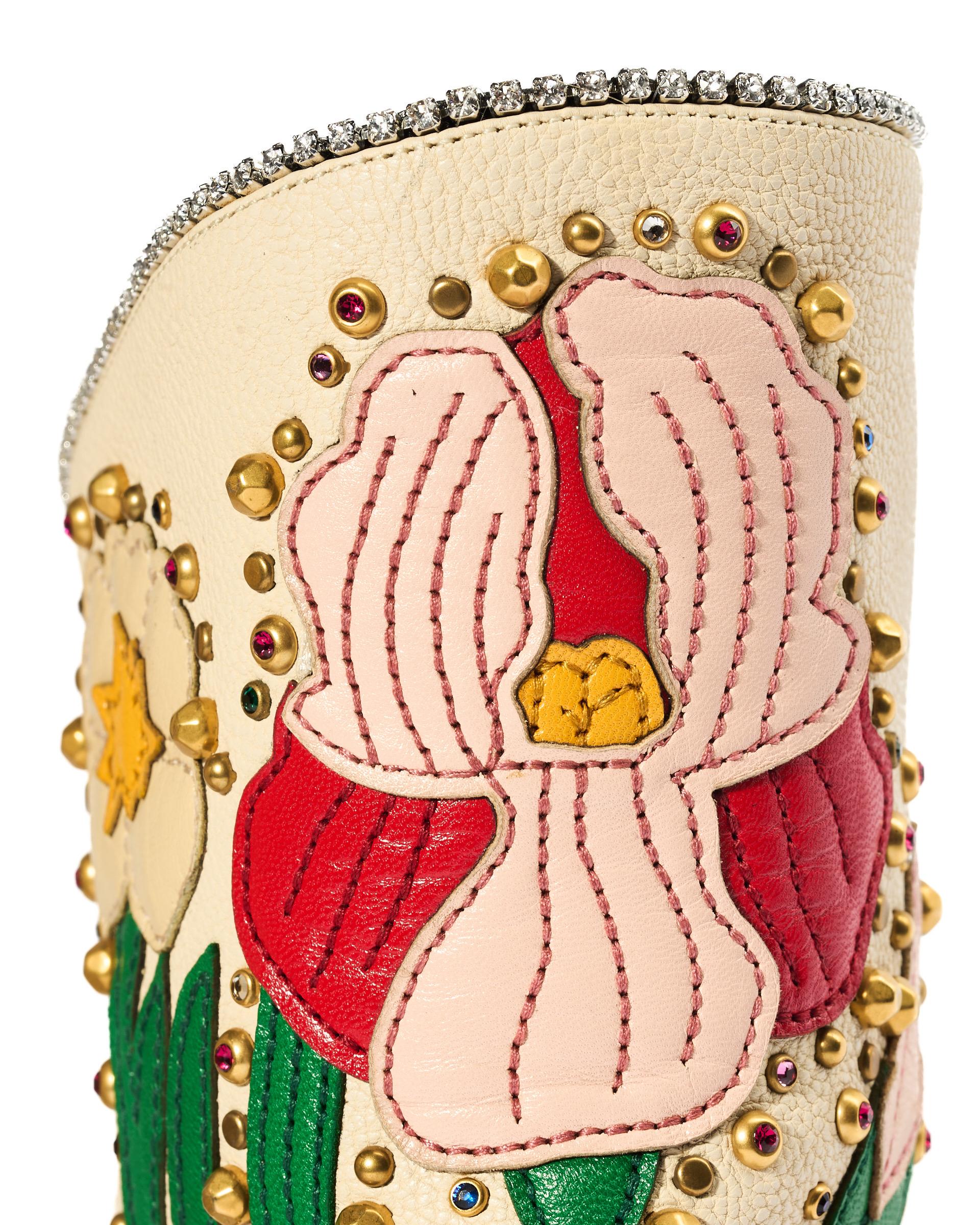 Stivali Gucci Fosca Floral Pelle Beige mit Blumenmuster im Angebot 4