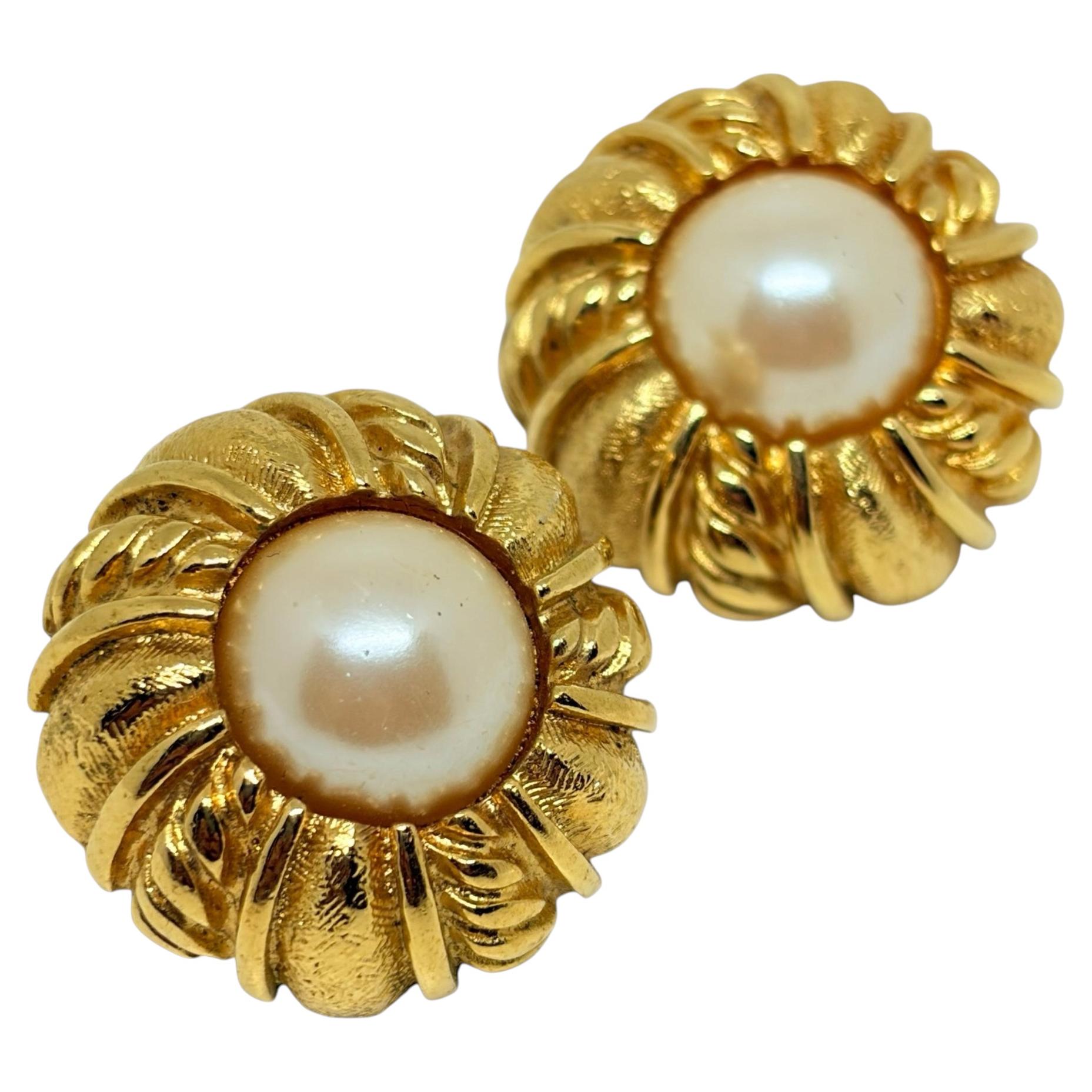 Pre-owned St John St.john Signed Vintage Gold Tone Faux Pearl Designer Clip On Earrings In Multiple