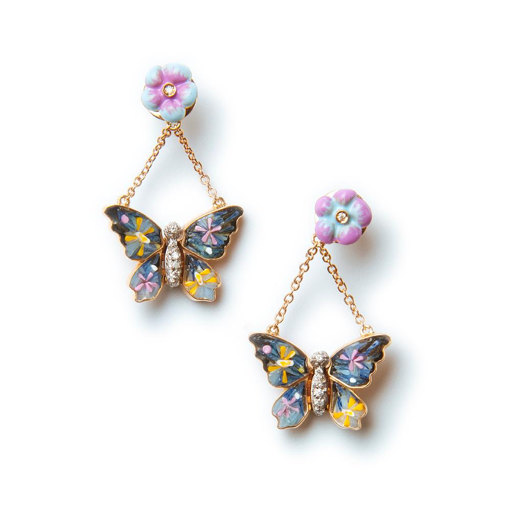 Romantic Stylish Earring Yellow Gold White Diamonds Enamel HandDecorated with MicroMosaic For Sale