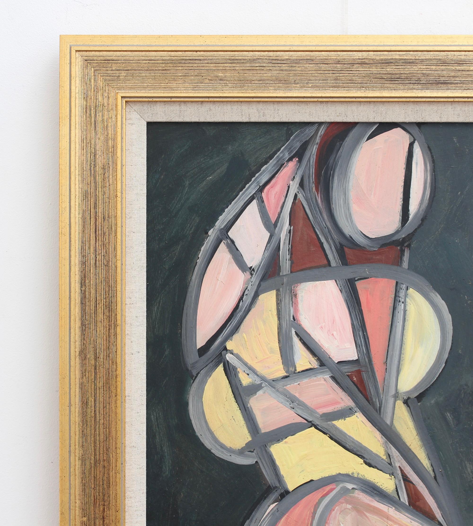 'Abstract Prism: Radiant Cubist Figure', oil on board, by STM (circa 1970s). A marvellous late mid-century, medium-sized painting by an artist with the initials STM. Clearly inspired by cubists Picasso and Braque, the artist uses angles, lines and
