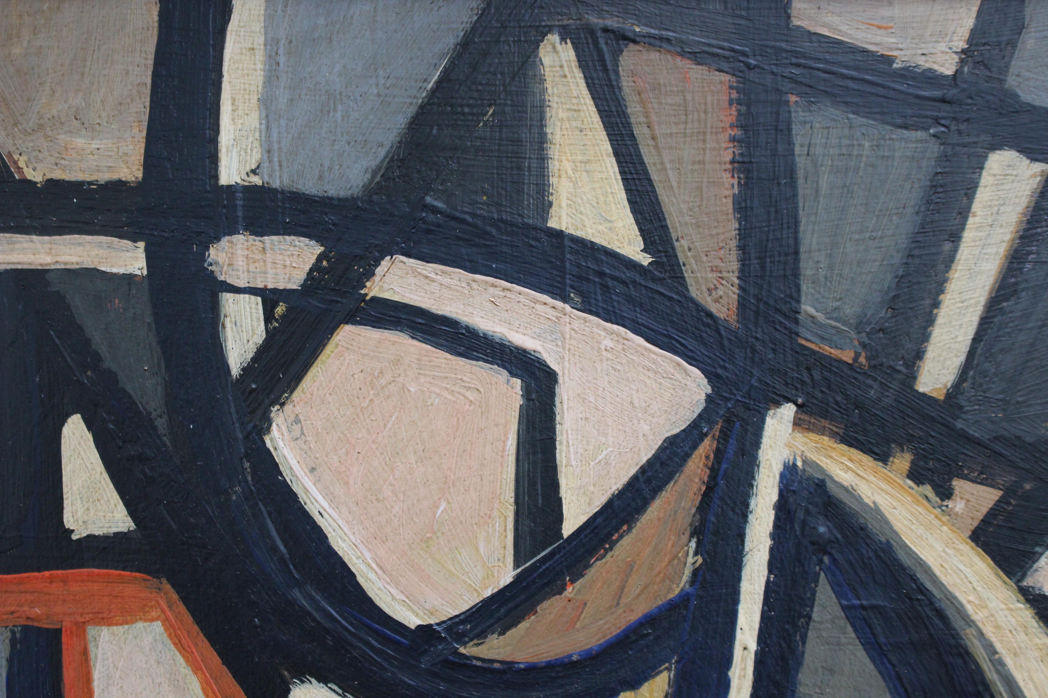 'Cubist Abstraction', oil on board, by STM (circa 1950s-70s). A bold, modern painting by artist with the initials STM. Clearly inspired by cubists Picasso and Braque, the artist uses angles, lines and pulsating colours to create this wonderful