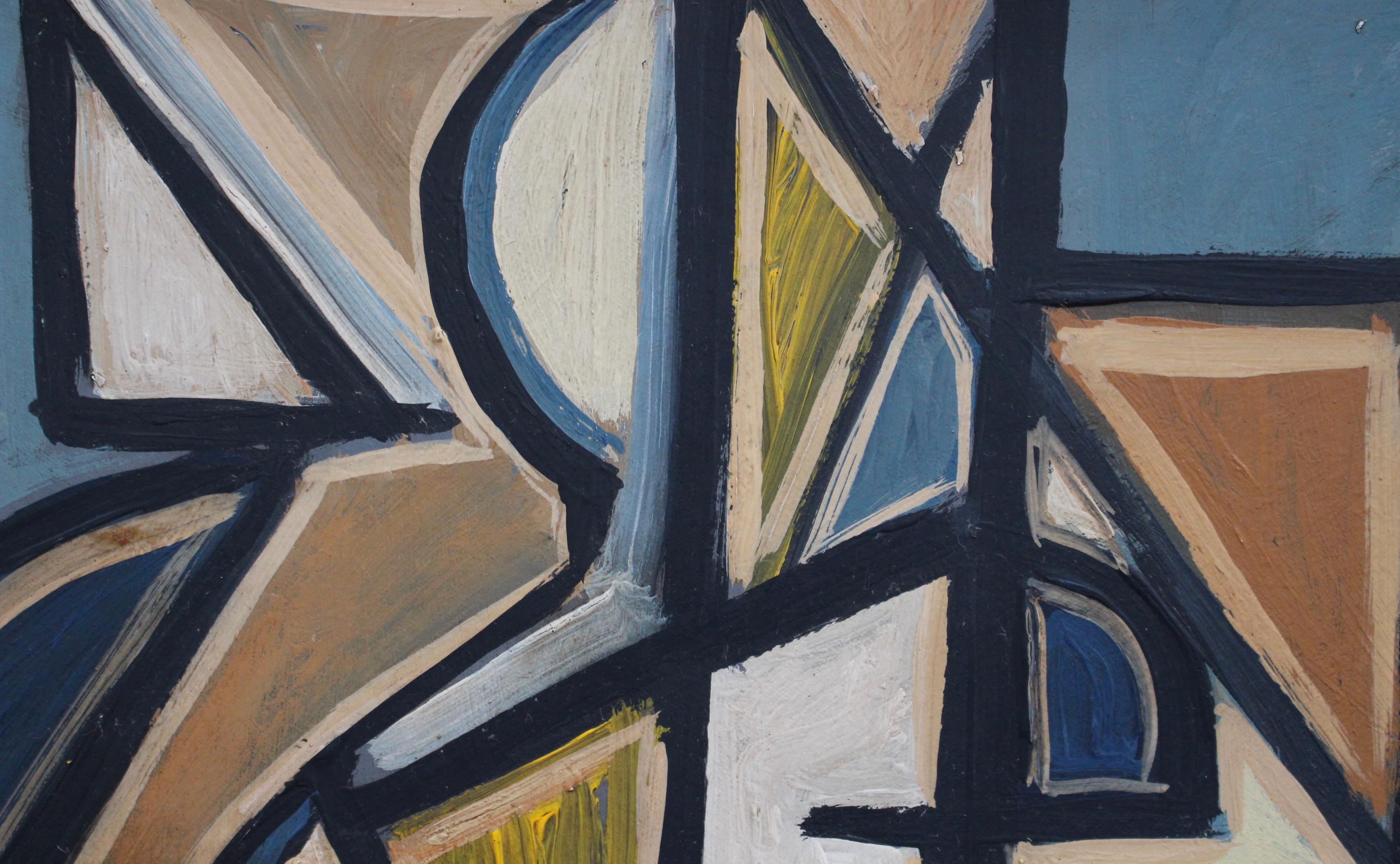 'Cubist Composition in Colour', oil on board, by STM (circa 1960s). A vibrant modern painting inspired by Picasso and Braque, the artist uses angles, lines and vibrant colours to create an entirely new dimension to painting. Cubists abandoned