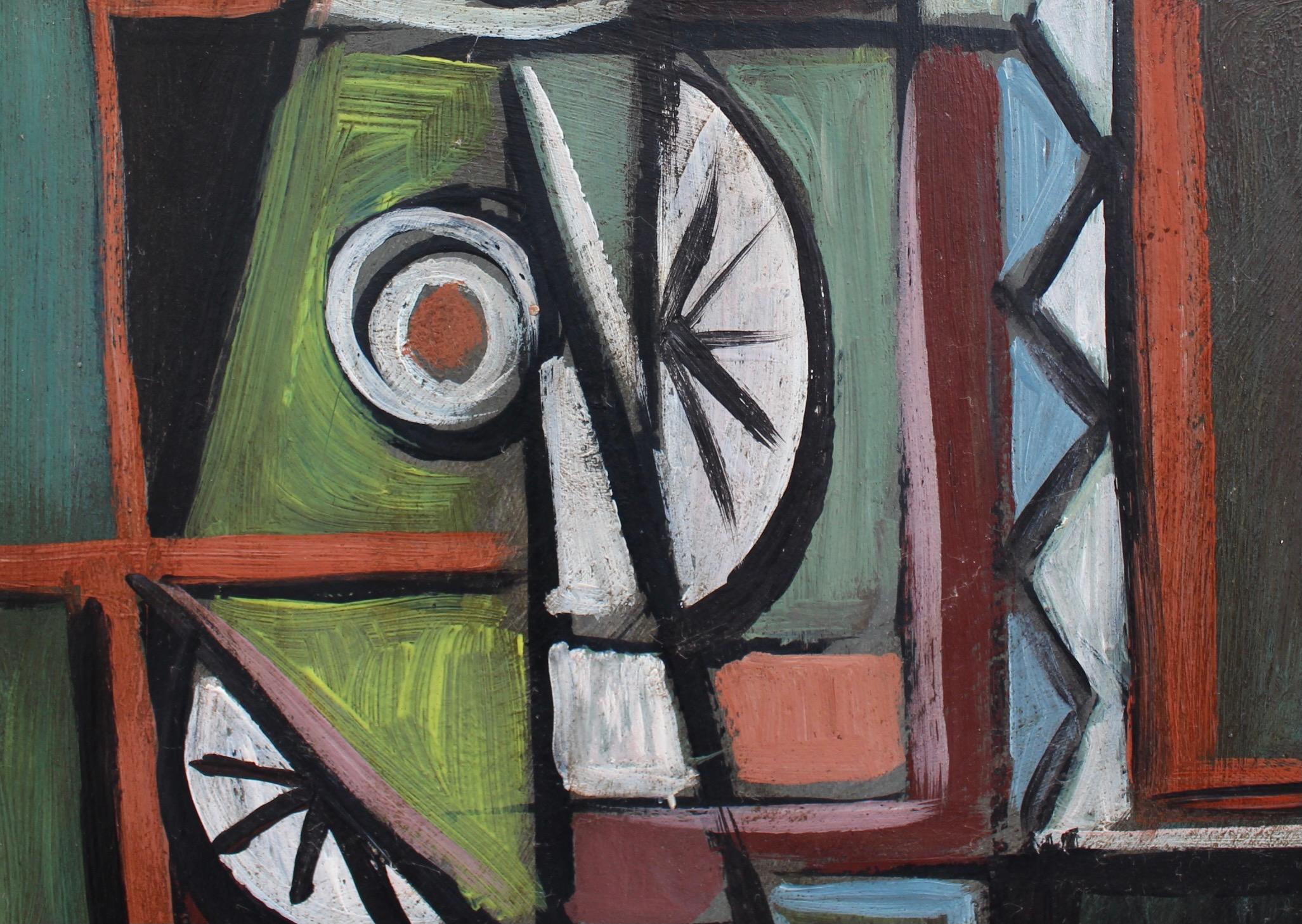 'Cubist Composition in Colour', oil on board, by STM (circa 1970s). A vibrant modern painting inspired by Picasso and Braque, the artist uses angles, lines and vibrant colours to create an entirely new dimension to painting. Cubists abandoned