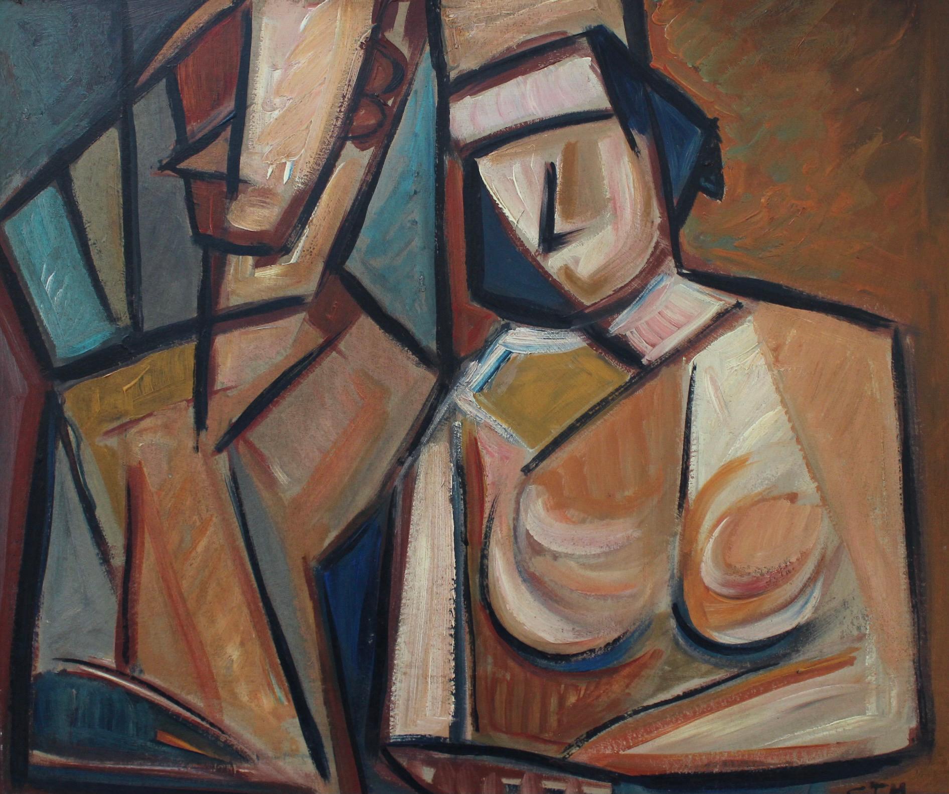 'Cubist Couple', oil on board, by STM (circa 1970s). A vibrant modern painting inspired by Picasso and Braque, the artist uses angles, lines and vibrant colours to create an entirely new dimension to painting. Cubists abandoned perspective and