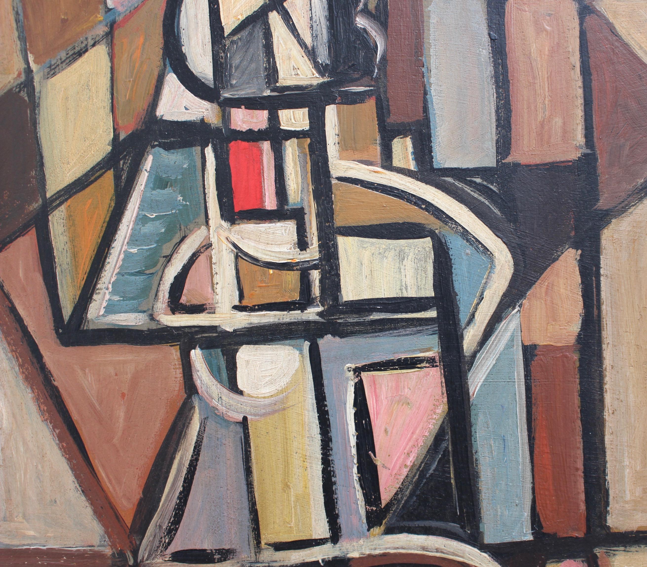 Cubist Figure 1, oil on board, by STM (circa 1960s - 70s). A stunning Modern painting in a small series of two works by artist with the initials STM. Clearly inspired by Picasso and Braque, the artist used angles, lines and vibrant colours to create