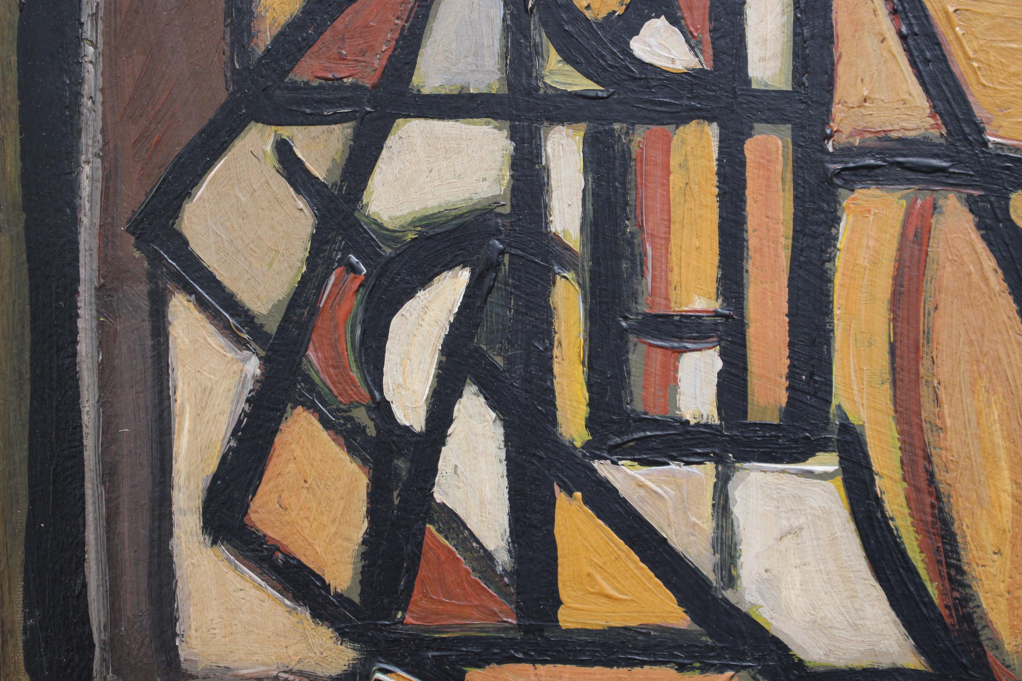 Cubist Figure 2, oil on board, by STM (circa 1960s - 70s). A stunning Modern painting in a small series of two works by artist with the initials STM. Clearly inspired by Picasso and Braque, the artist used angles, lines and vibrant colours to create