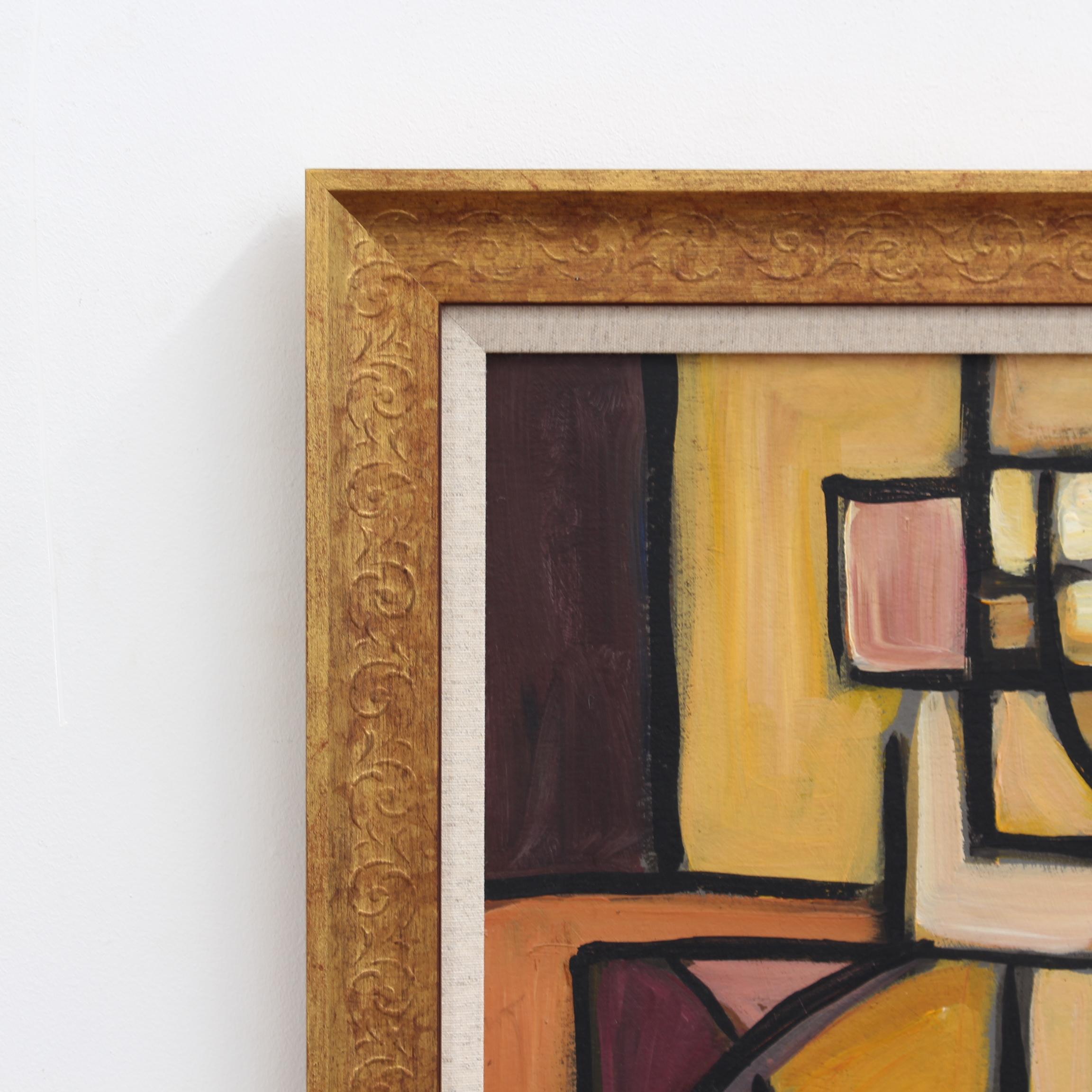 'Cubist Figure', oil on board, by STM (circa 1960s - 70s). A marvellous mid-century sizeable painting by an artist with the initials STM. Clearly inspired by cubists Picasso and Braque, the artist uses angles, lines and subdued earth tones to create