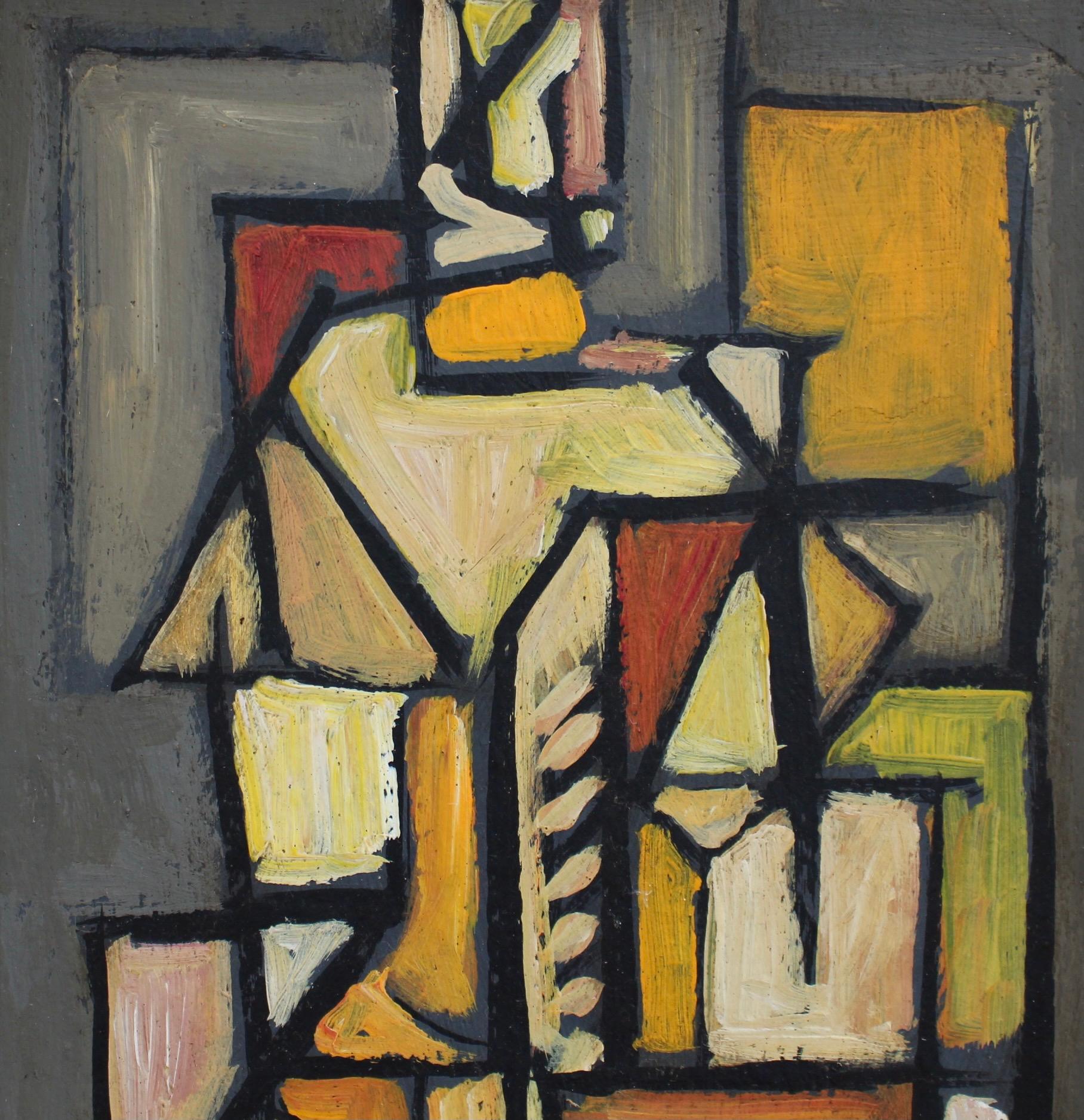 'Cubist Figure', oil on board, by STM (circa 1960s). A stunning Mid-Century Modern painting by artist with the initials STM. Clearly inspired by cubists Picasso and Braque, the artist uses angles, lines and subdued earth tones to create this
