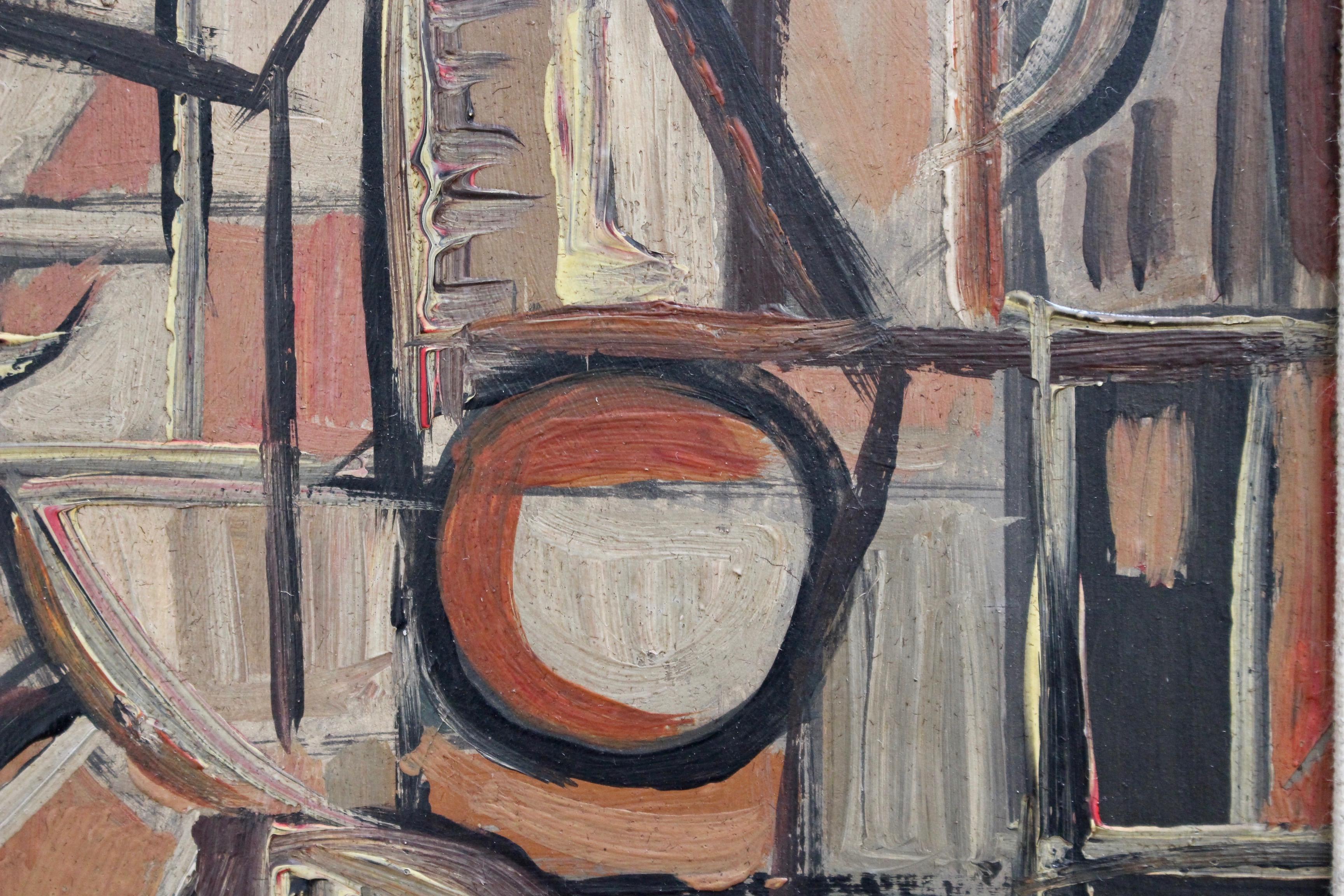 'Cubist Figure', oil on board, by STM (circa 1950s - 70s). A stunning Mid-Century Modern painting by artist with the initials STM. Clearly inspired by cubists Picasso and Braque, the artist uses angles, lines and subdued earth tones to create this