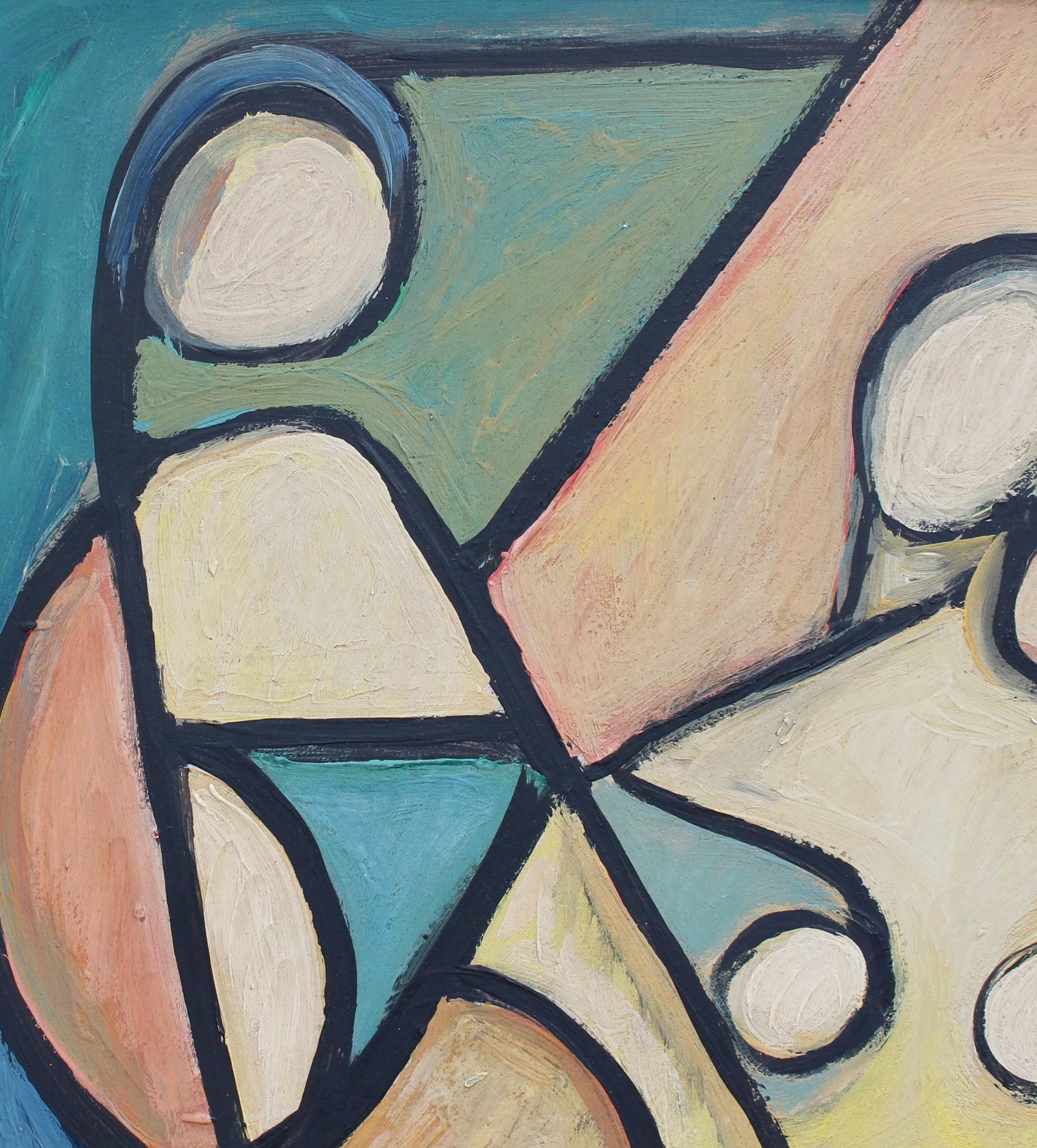 'Cubist Figures in Colour', oil on board, by STM (circa 1960s). A vibrant modern painting inspired by Picasso and Braque, the artist uses angles, lines and vibrant colours to create an entirely new dimension to painting. Cubists abandoned