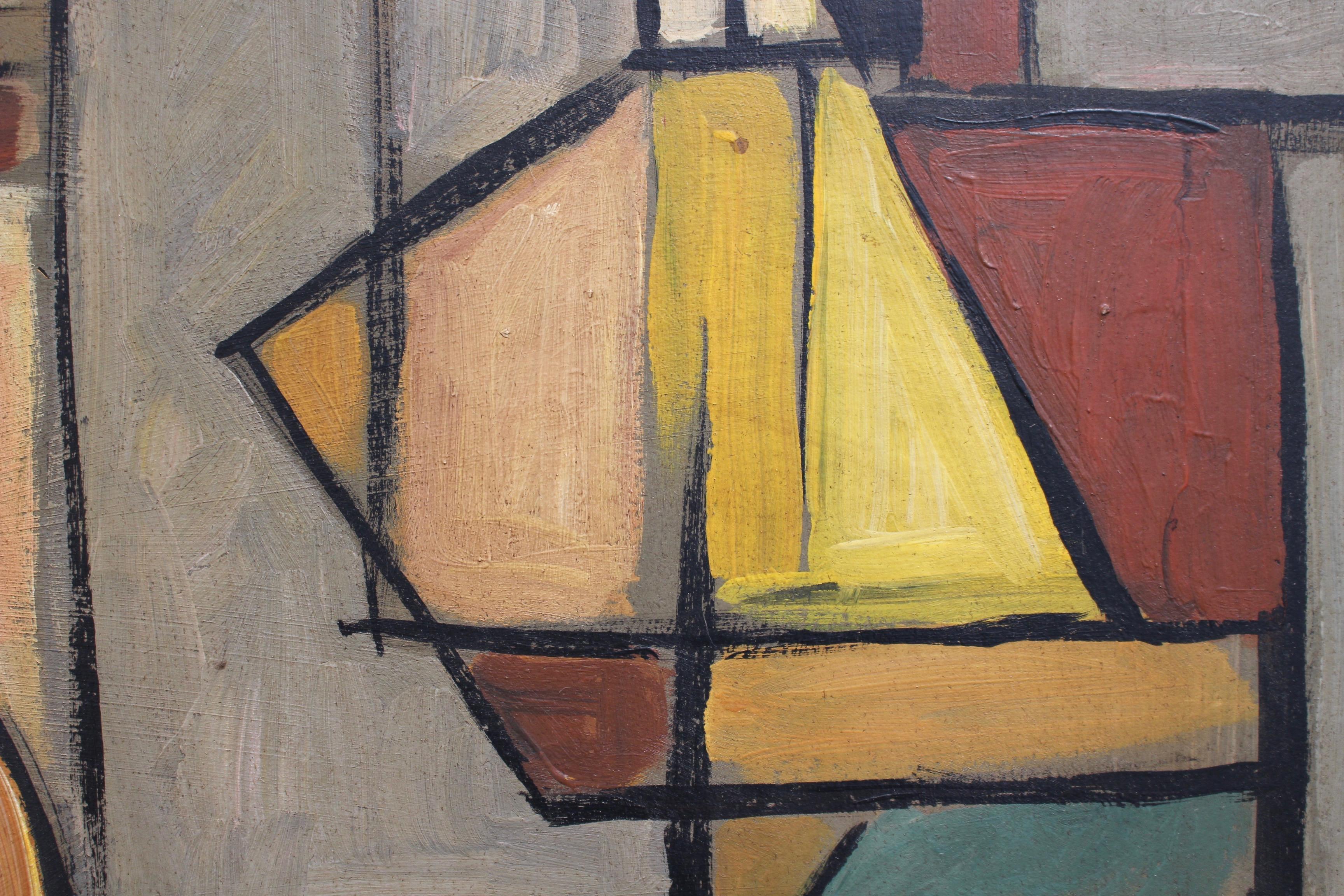 'Cubist Man and Woman', oil on board, by STM (circa 1950s - 1970s). A considerable work of art depicting a Picasso-inspired cubist couple which explodes with colour. Cubism created a new dimension to painting which abandoned traditional Renaissance