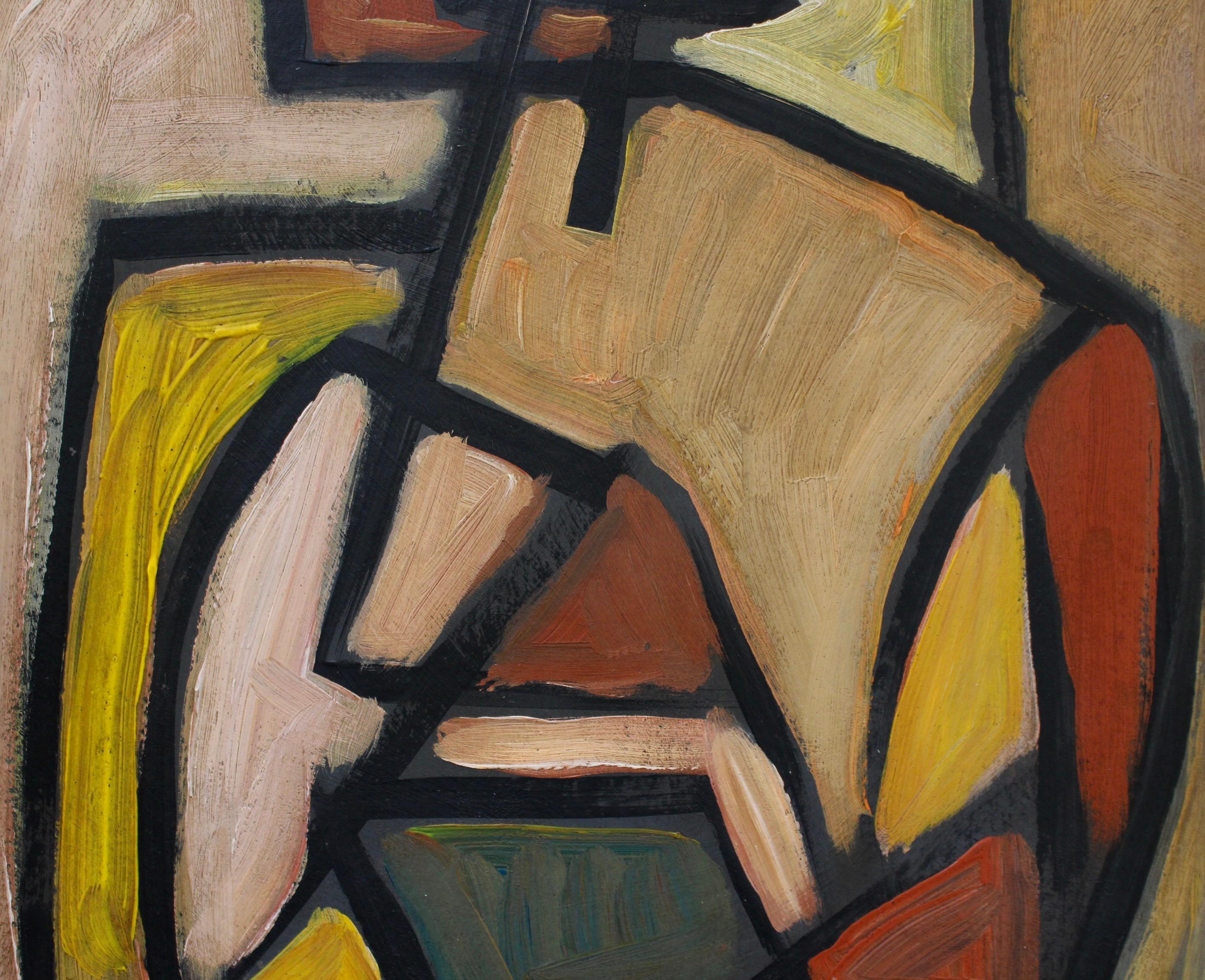 'Figure in the Mirror', oil on board, by STM (circa 1970s). An imposing Modern painting by an artist with the initials STM. Clearly inspired by Picasso and the cubists, this artist used angles, lines and vibrant colours to create an entirely new