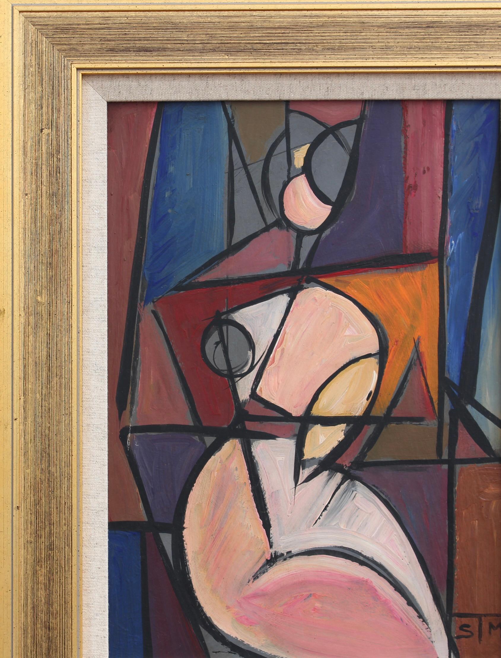 'Radiant Reflections: Cubist Portrait of a Woman', oil on board, by STM (circa 1970s). A superb late mid-century painting by an artist with the initials STM. Clearly inspired by cubists Picasso and Braque, the artist uses angles, lines and vibrant