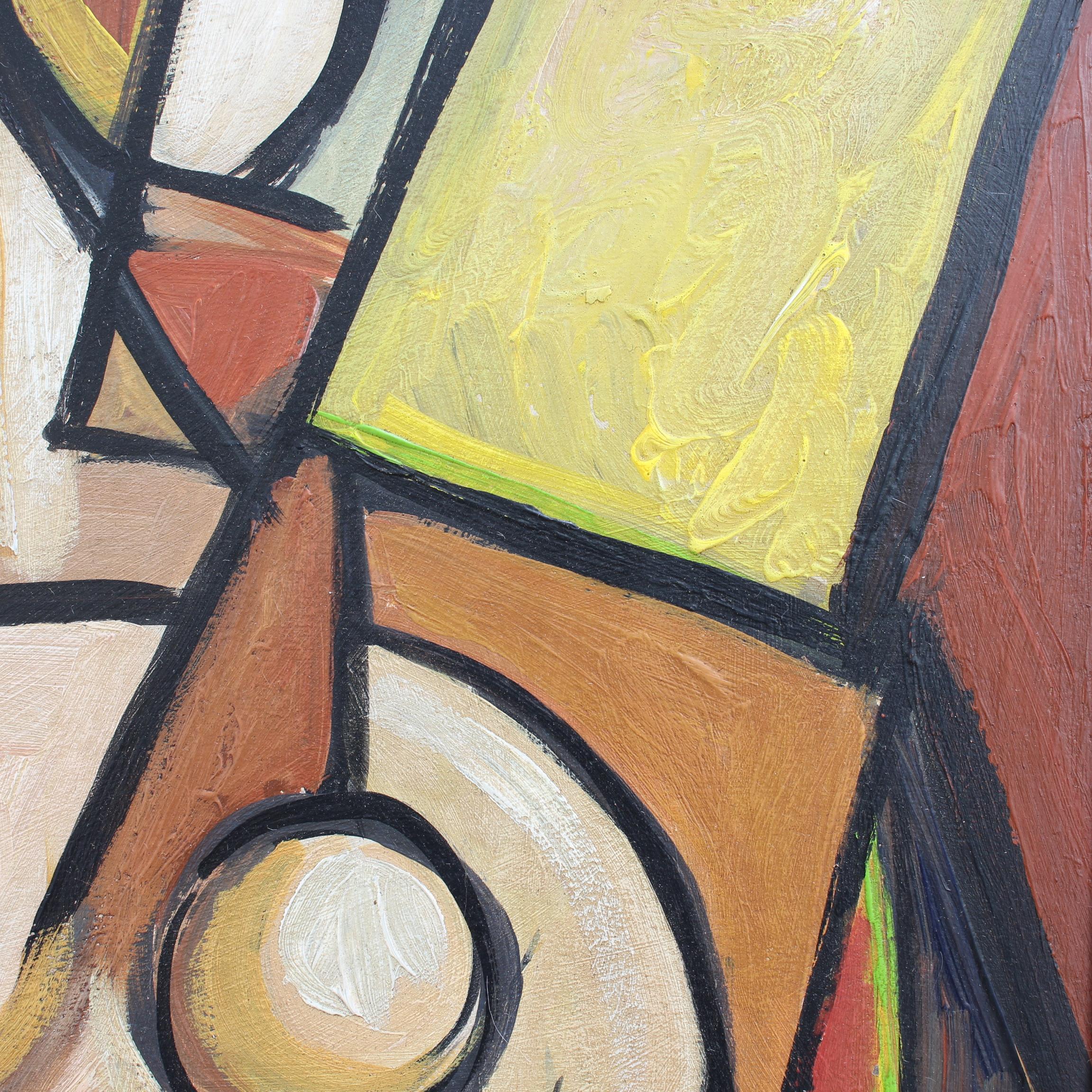'Standing Cubist Nude', oil on board, by artist with the initials STM (circa 1950s-70s). A splendid cubist depiction, this is a sizeable portrait of a standing nude figure in geometric perspective. The earth-tone hues - brown, beige, yellow,
