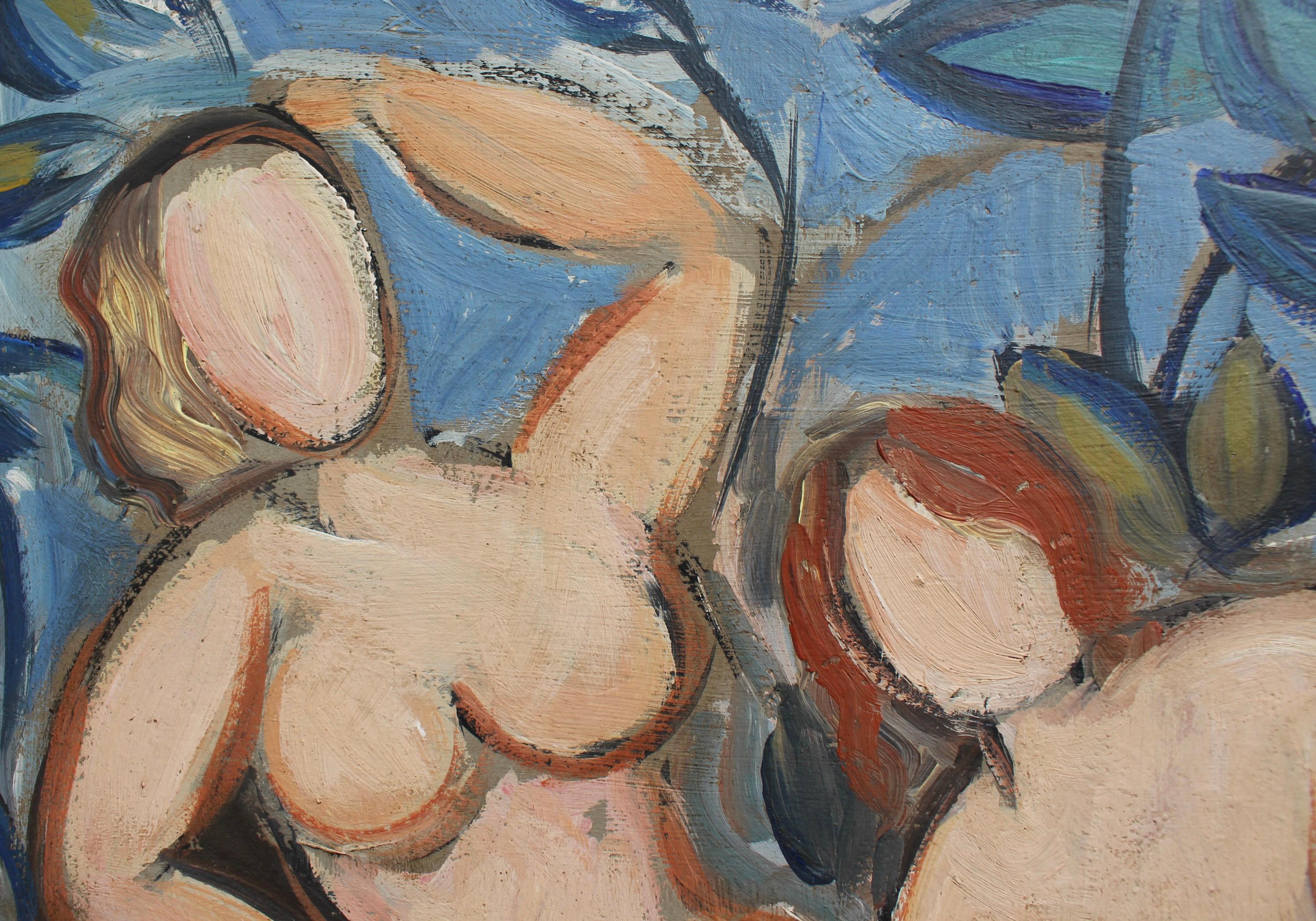 'The Garden', oil on canvas, by STM (circa 1970s). Three nude women portrayed in the abstract posture differently. All are curvaceous and Rubenesque. Seated on a bed of leaves one model is clearly an extrovert, the other two more modest in their