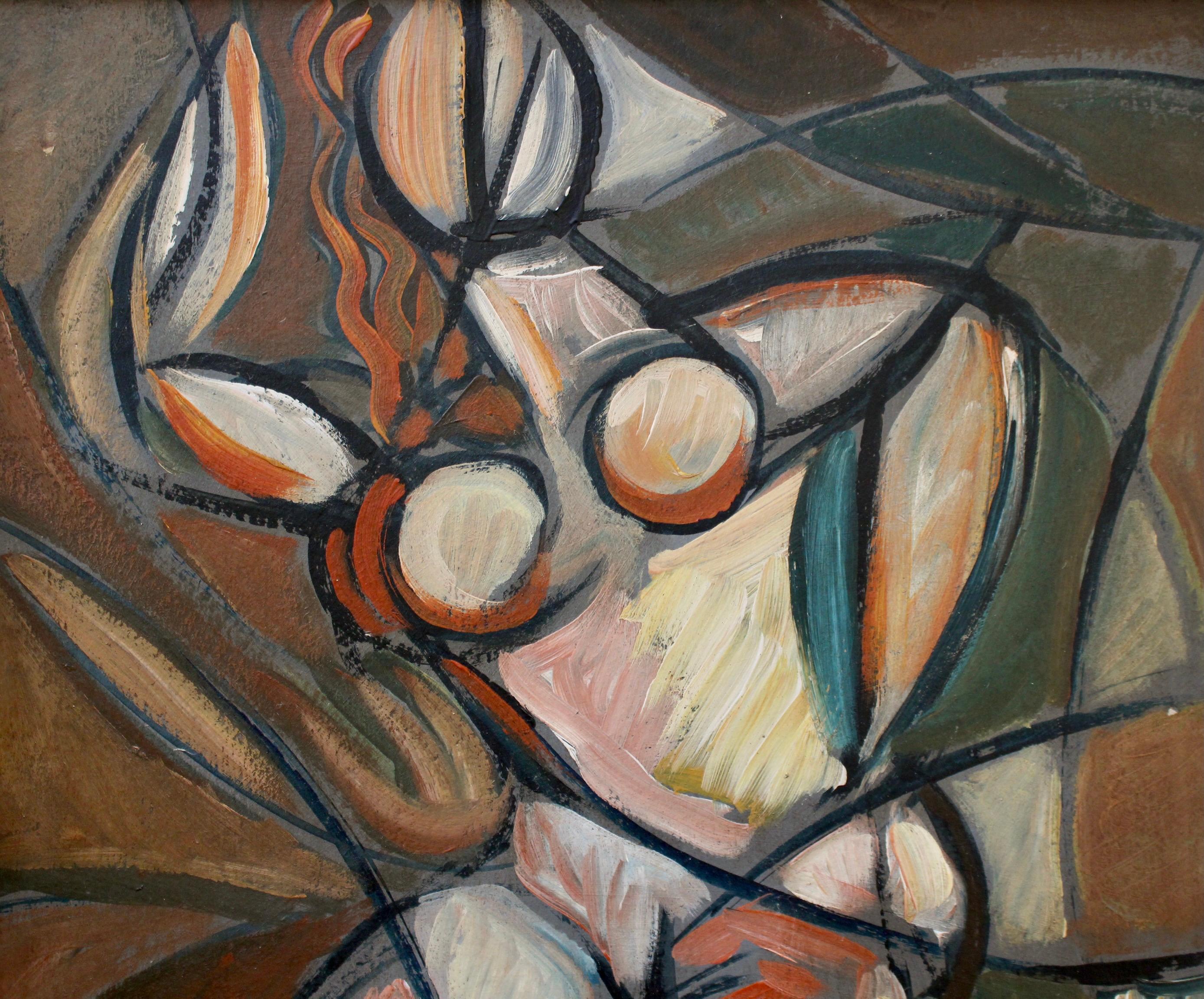 'Untitled Cubist Figure', oil on board, by STM (circa 1970s). A vibrant modern painting inspired by Picasso and Braque, the artist uses angles, lines and colour to create an entirely new dimension to painting. Cubists abandoned perspective and