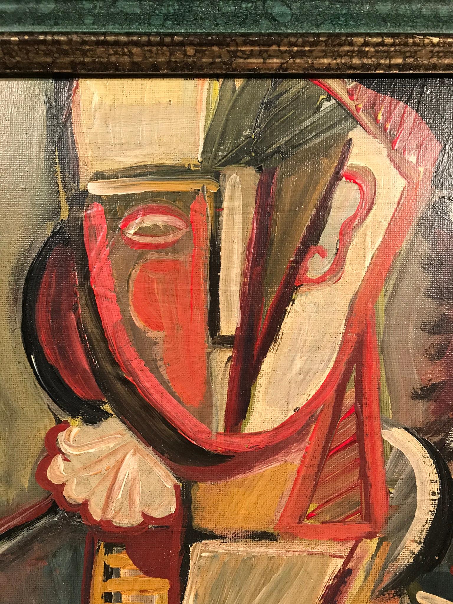 Questo ritratto di un soggetto femminile in forma cubista comporta audaci pennellate di rosso e contrasti di colore tra primo piano e sfondo. Questo dipinto è firmato STM.