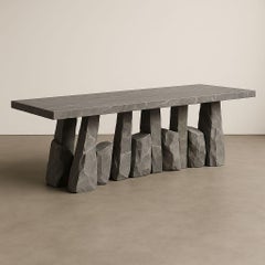 Stoa Unique Dining Table in Carved Grey Quarry Stone & Steel by Andres Monnier