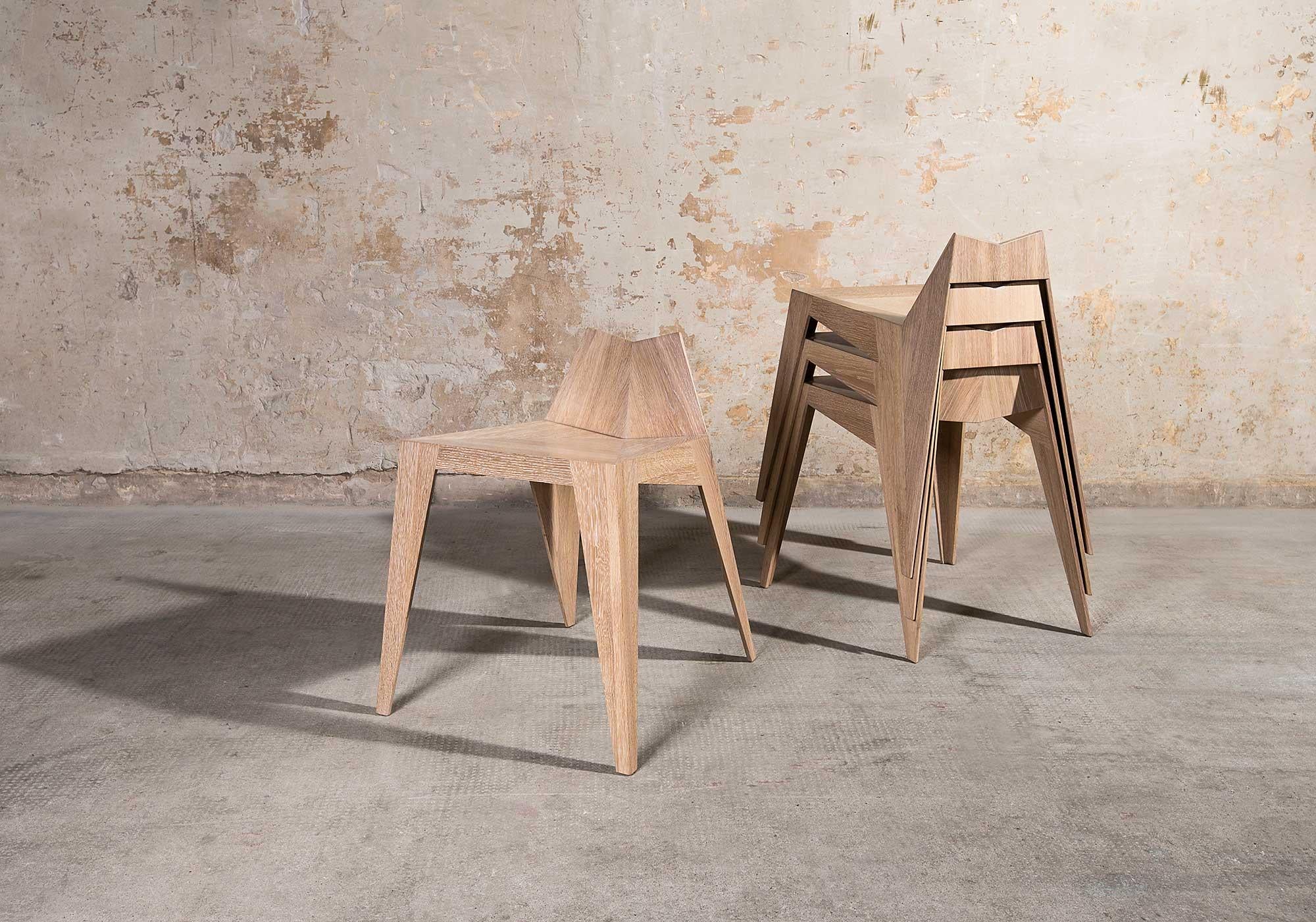 Stocker chair stool by Matthias Scherzinger
Dimensions: W 48 x L 54 x H 61.5 cm
Materials: Solid wood oak

The stocker is a fusion between a stool and a chair.
The light stackable wooden seats are suitable for private and semi-official