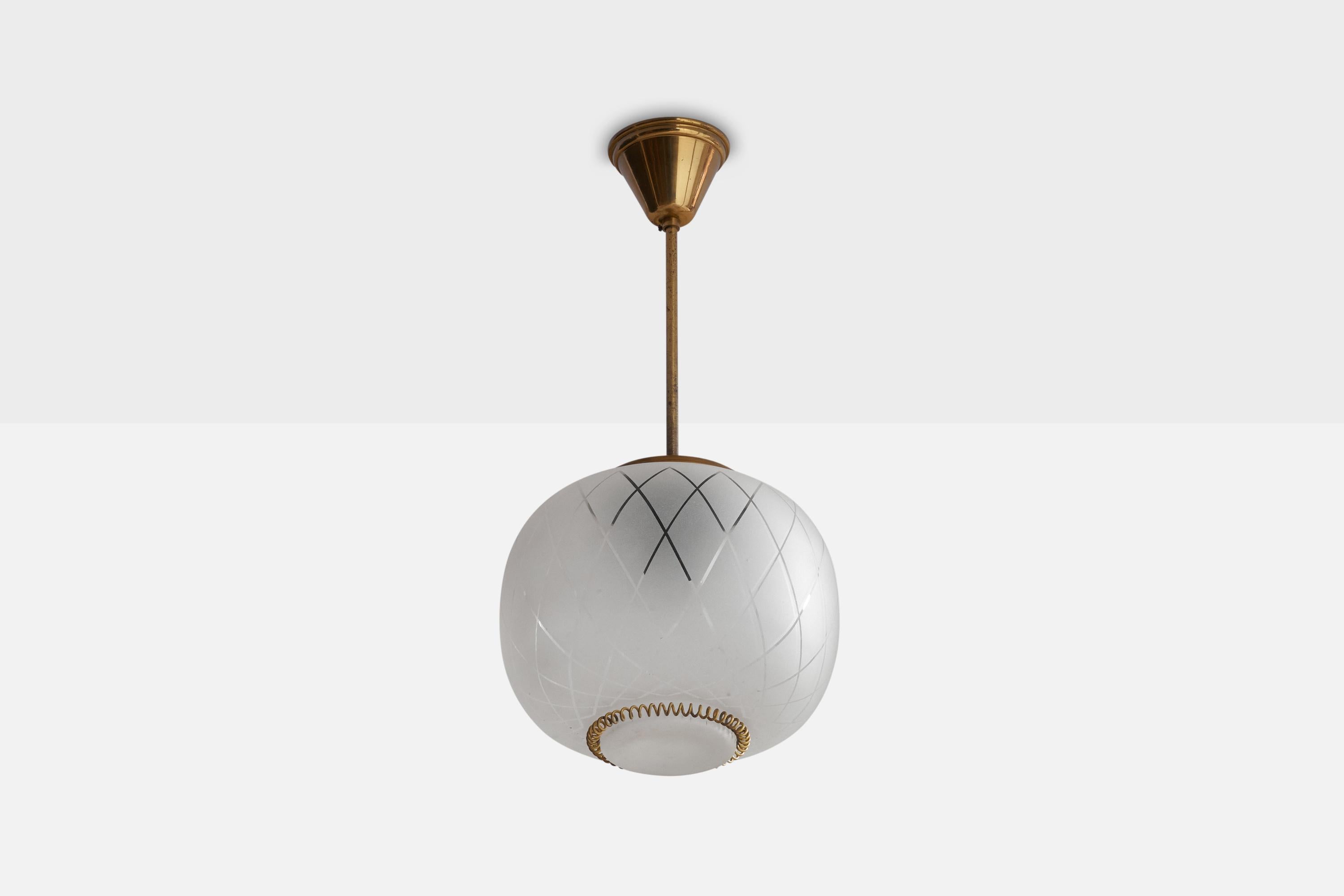 A brass and etched glass pendant light designed and produced by Stockman-Orno, Finland, 1940s.

Dimensions of canopy (inches): 3” H x 3.8” Diameter
Socket takes standard E-26 bulbs. 1 socket.There is no maximum wattage stated on the fixture. All