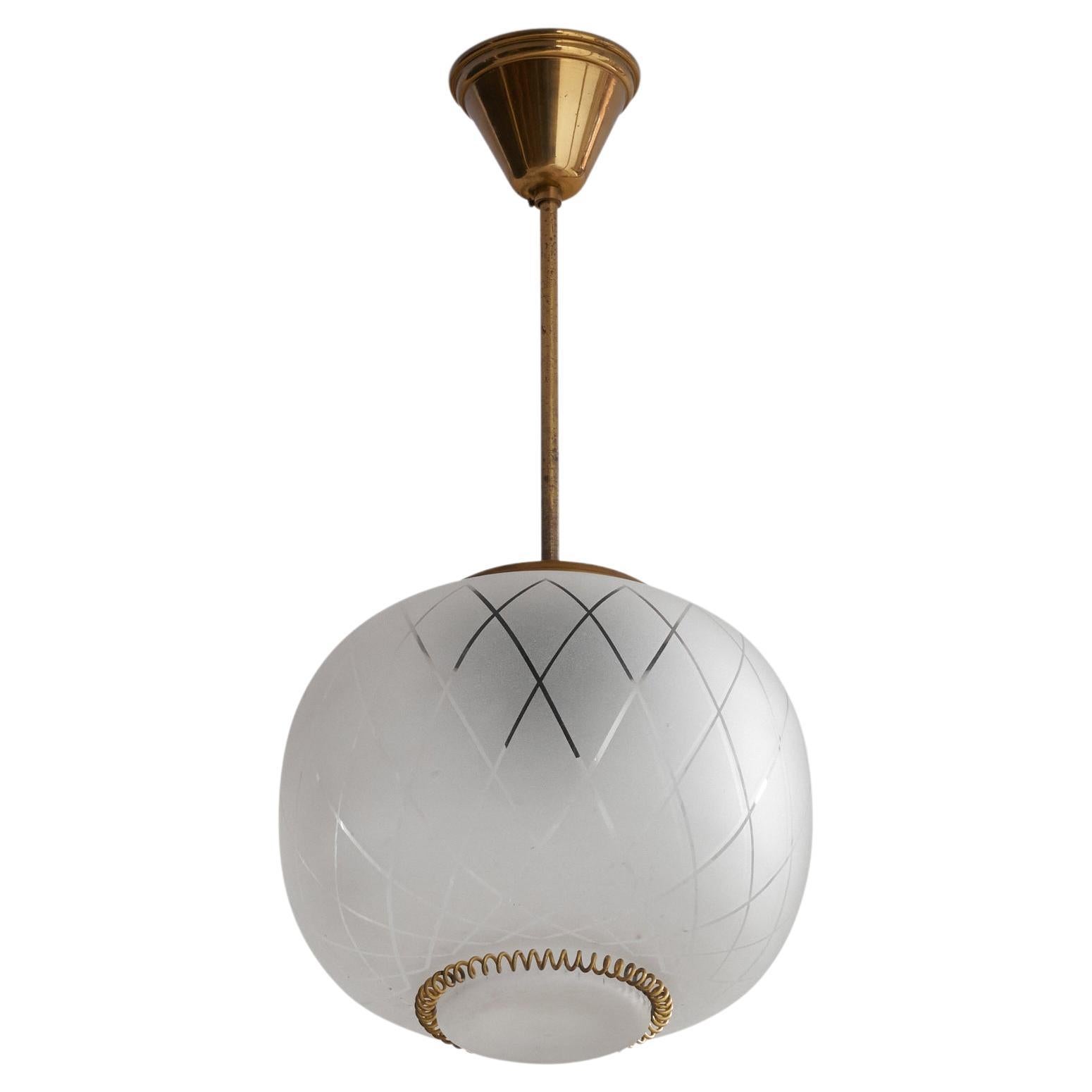 Stockmann-Orno, Pedant Light, Brass, Glass, Finland, 1940s For Sale