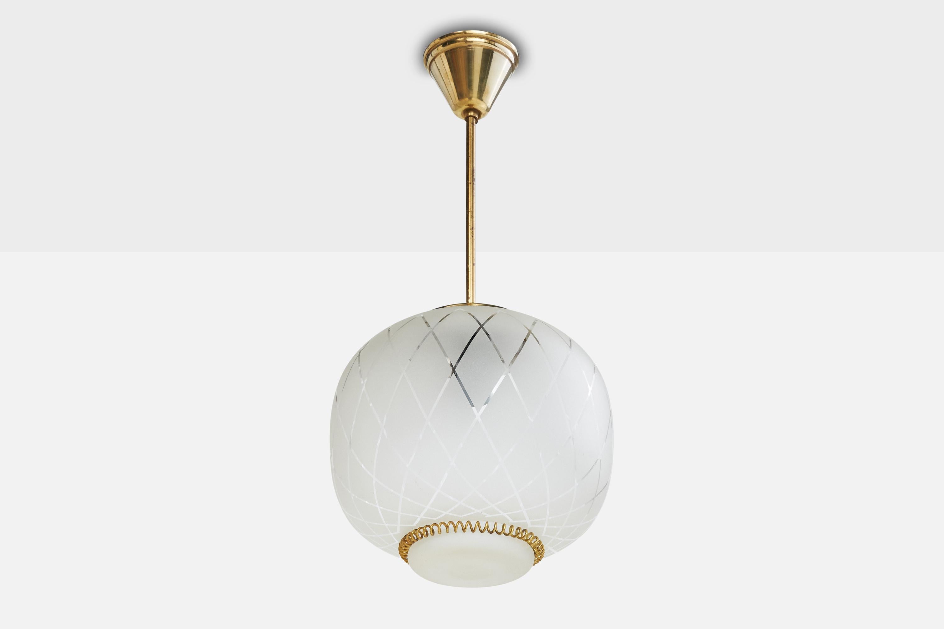 A brass and etched glass pendant light designed and produced by Stockmann-Orno, Finland, 1940s.

Overall Dimensions (inches): 21” H x 9.5” Diameter

Dimensions of Canopy: 3.25“ H x 3.875” Diameter 

Stem length: 10” H

Bulb Specifications: E-26