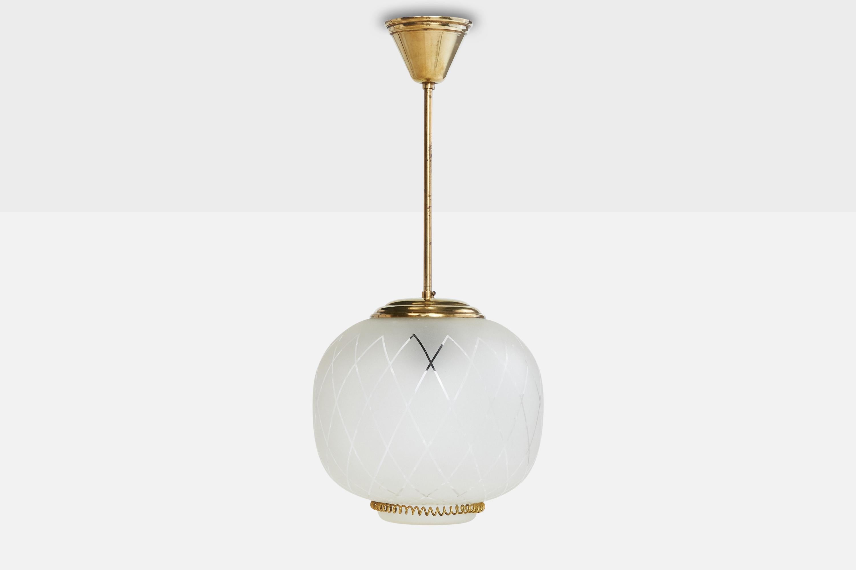 Finnish Stockmann-Orno, Pendant Light, Brass, Glass, Finland, 1940s