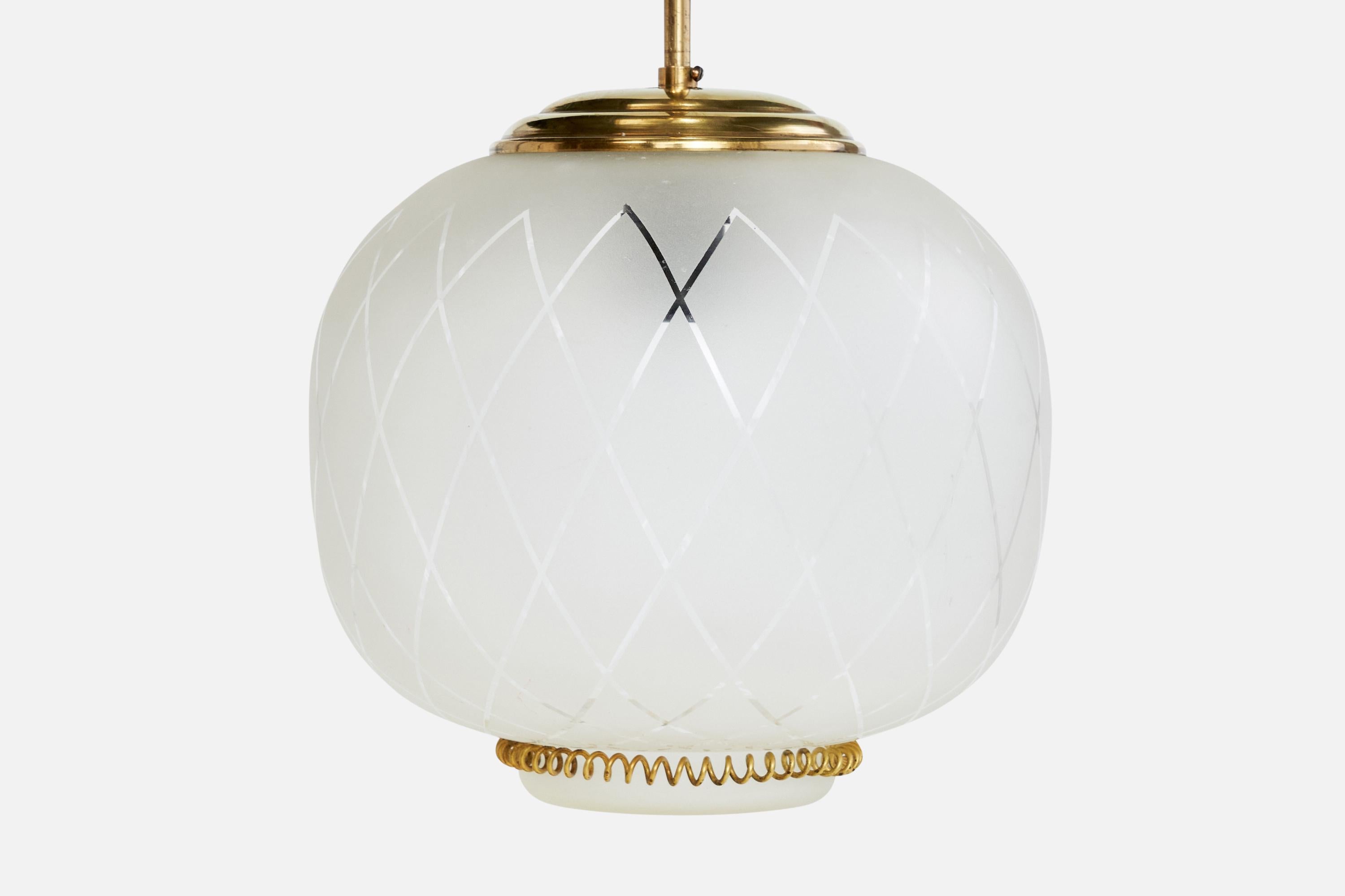 Mid-20th Century Stockmann-Orno, Pendant Light, Brass, Glass, Finland, 1940s